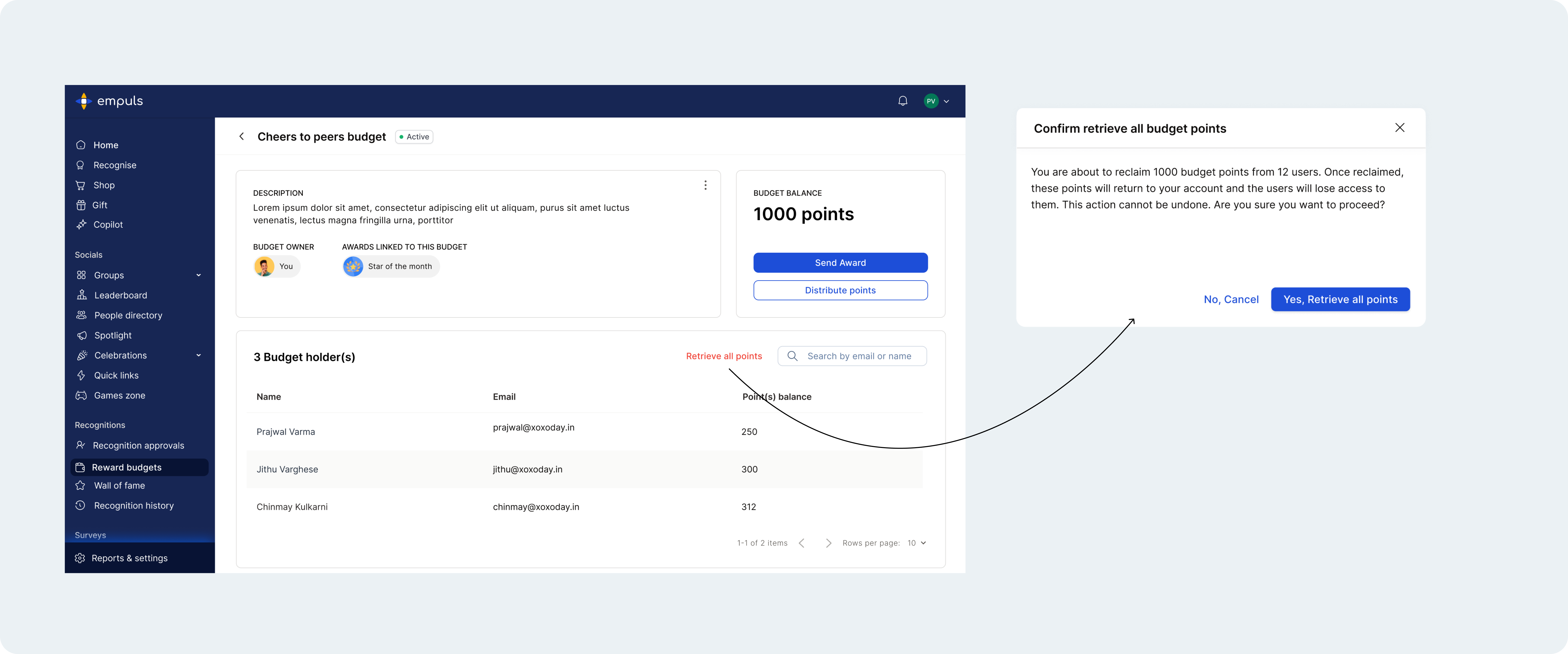 Retrieve All Points action reclaiming remaining balances from multiple managers at once