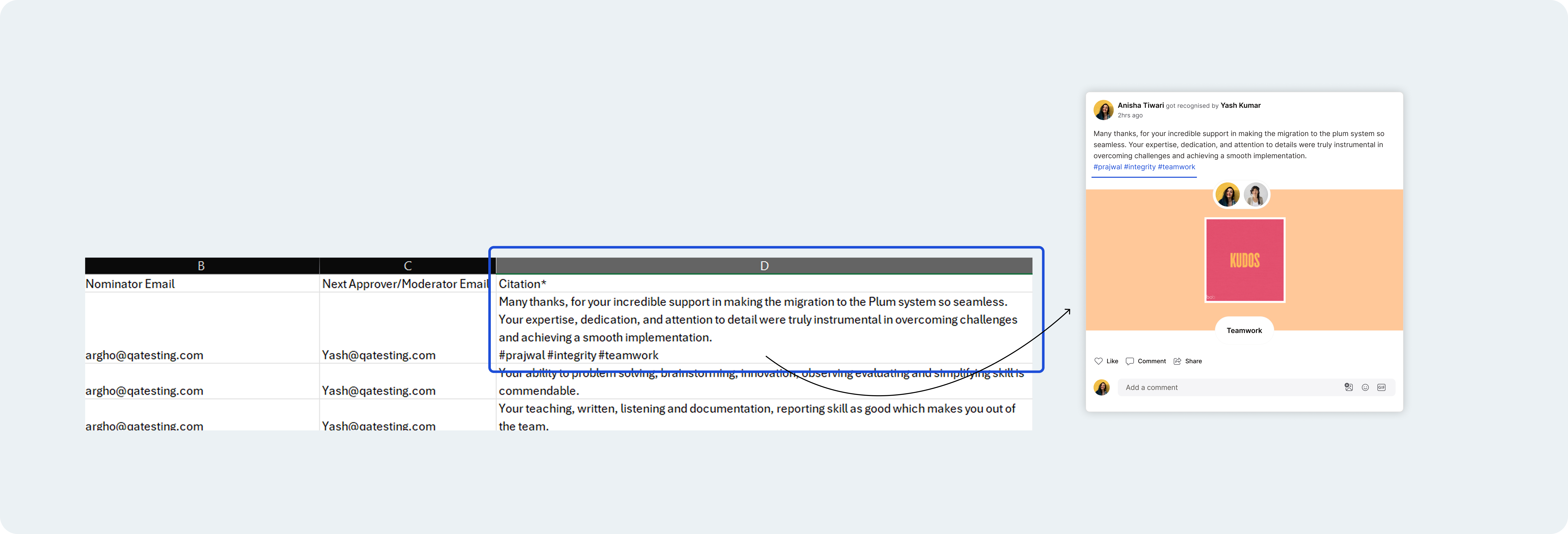CSV upload supporting core value hashtags like #Integrity and #Impact to auto-tag awards