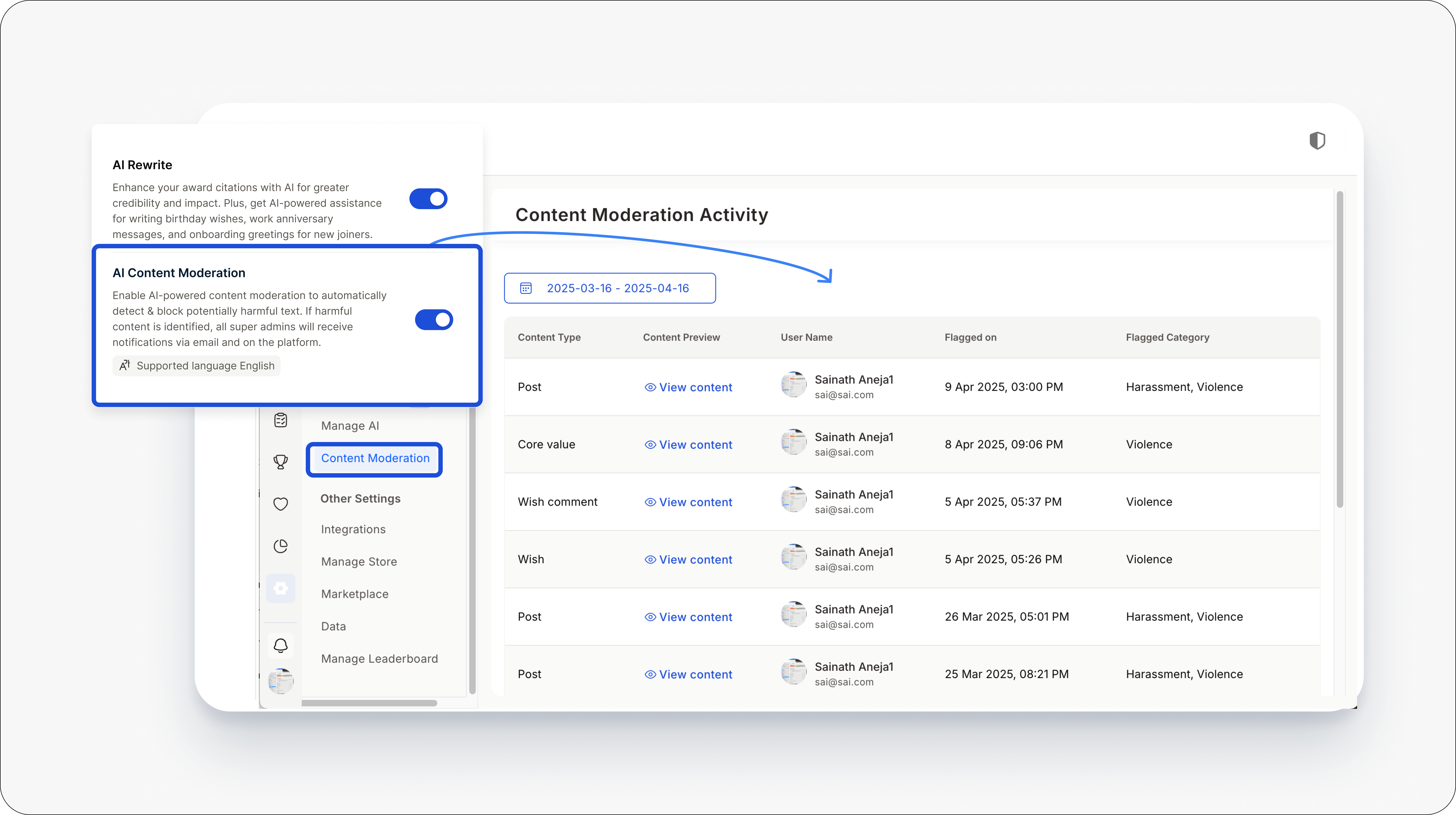 AI Settings content moderation page flagging hate speech, harassment, and violent messages