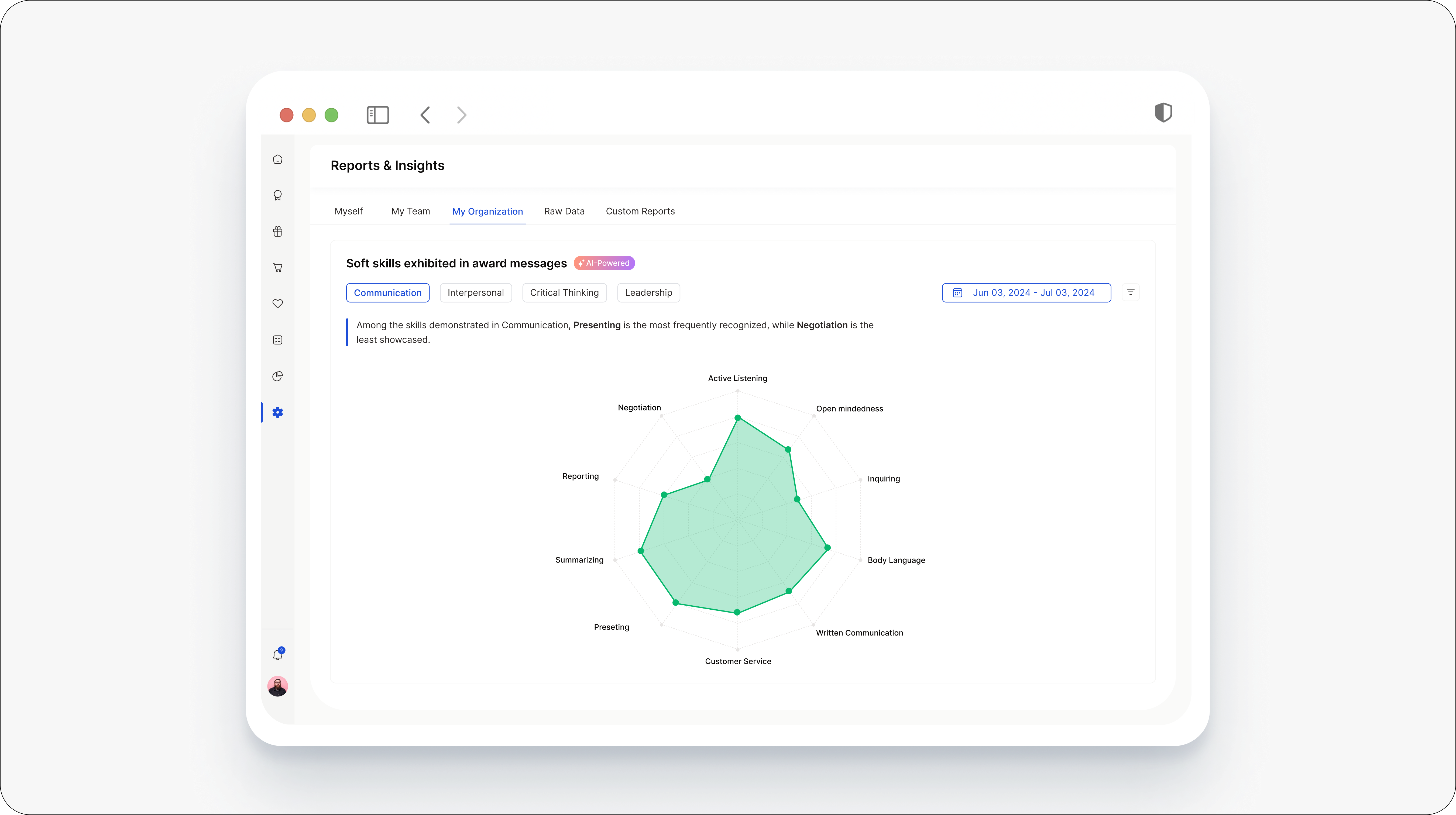Skill Mapping dashboard showing AI-derived soft skill trends from team recognition data