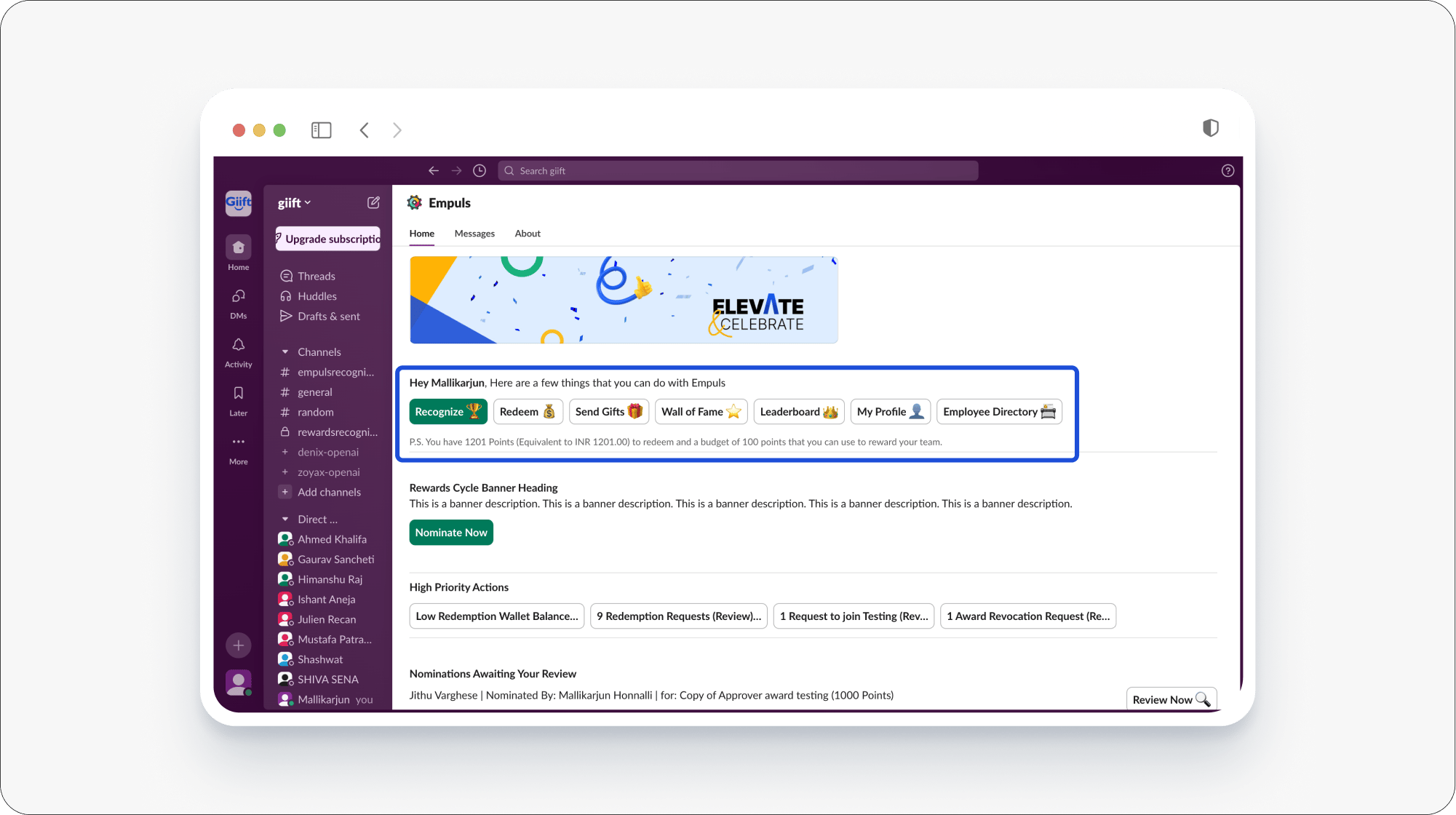 Slack Home Tab with Wall of Fame, My Profile, Leaderboard, and Directory shortcuts