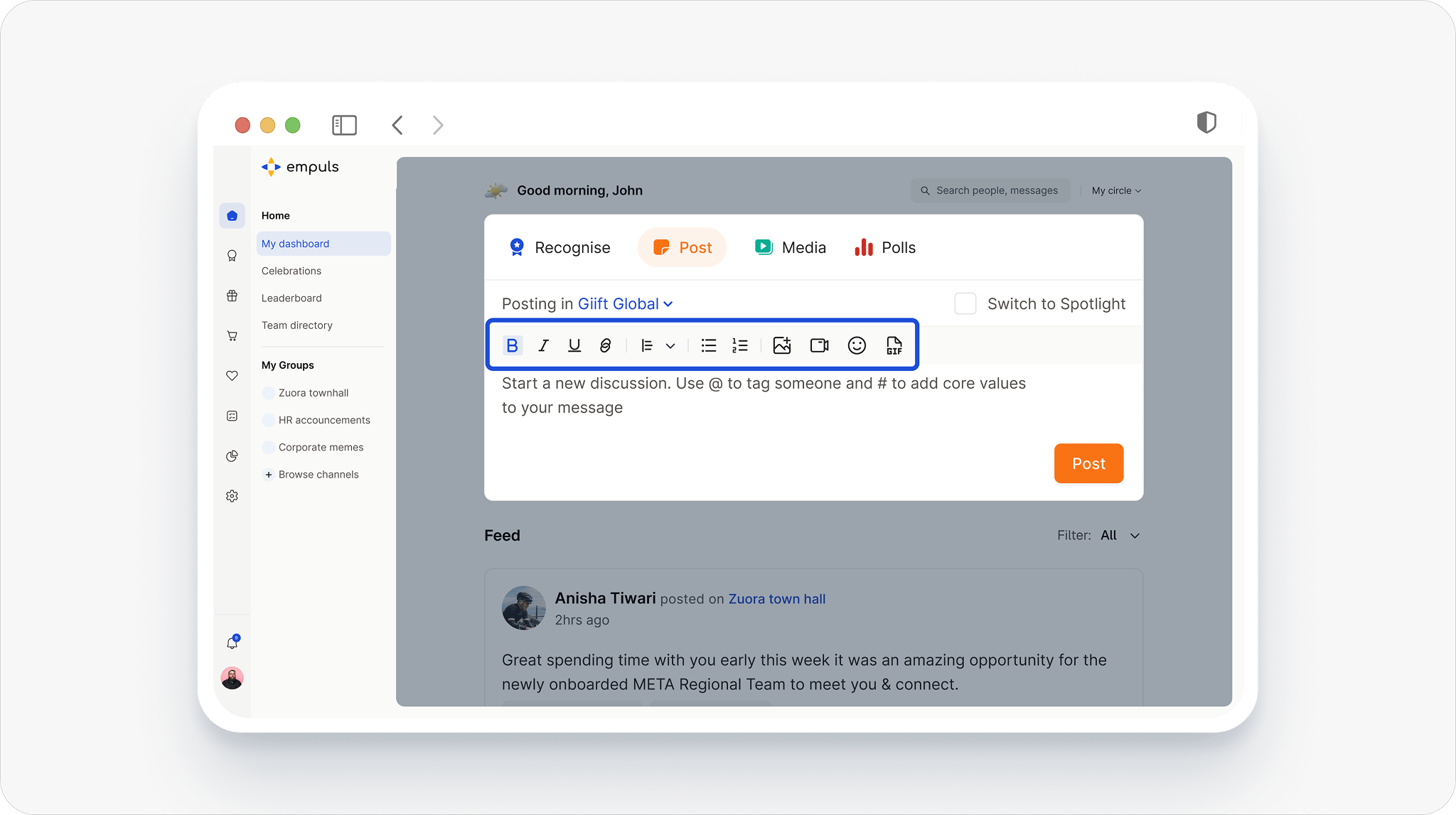 Empuls post editor toolbar with the new bold formatting option for web and mobile