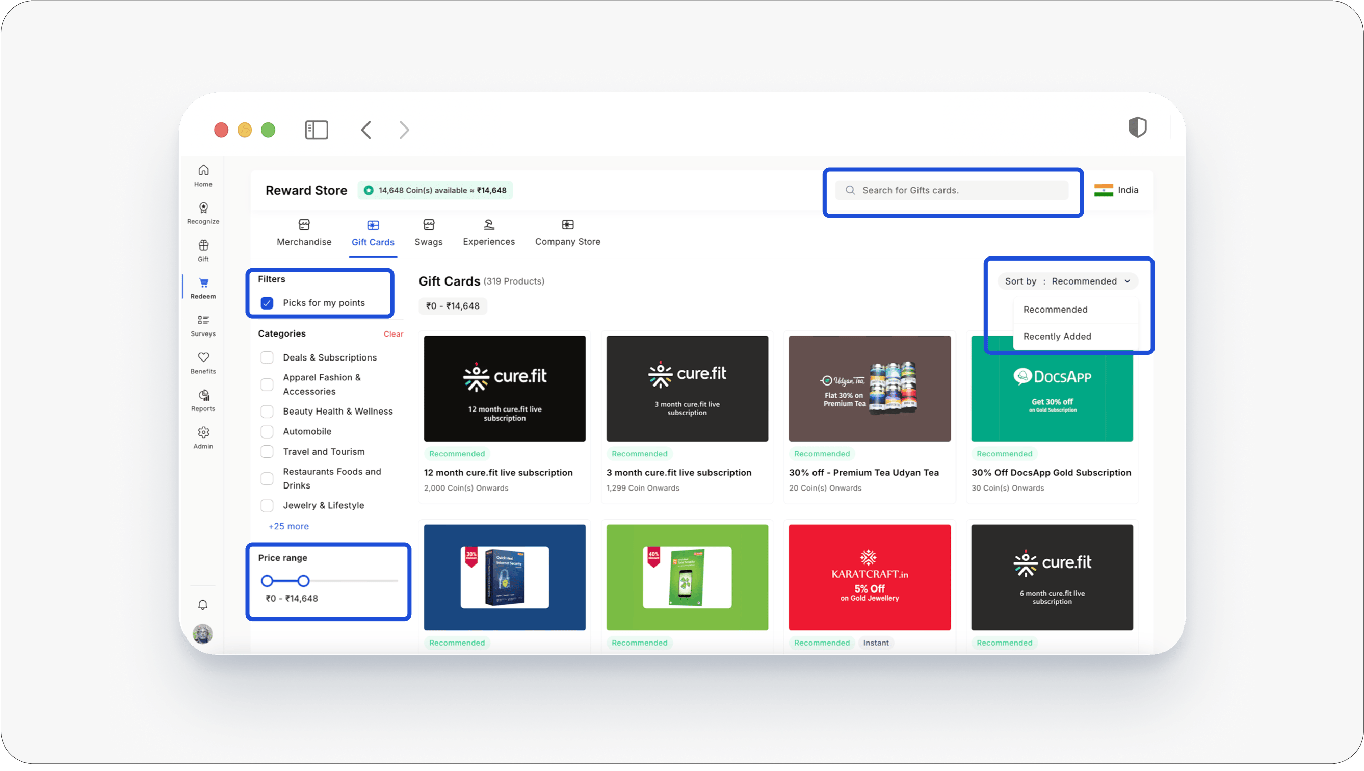 Redesigned Rewards Store with left-side categories, global search, and price-based filters