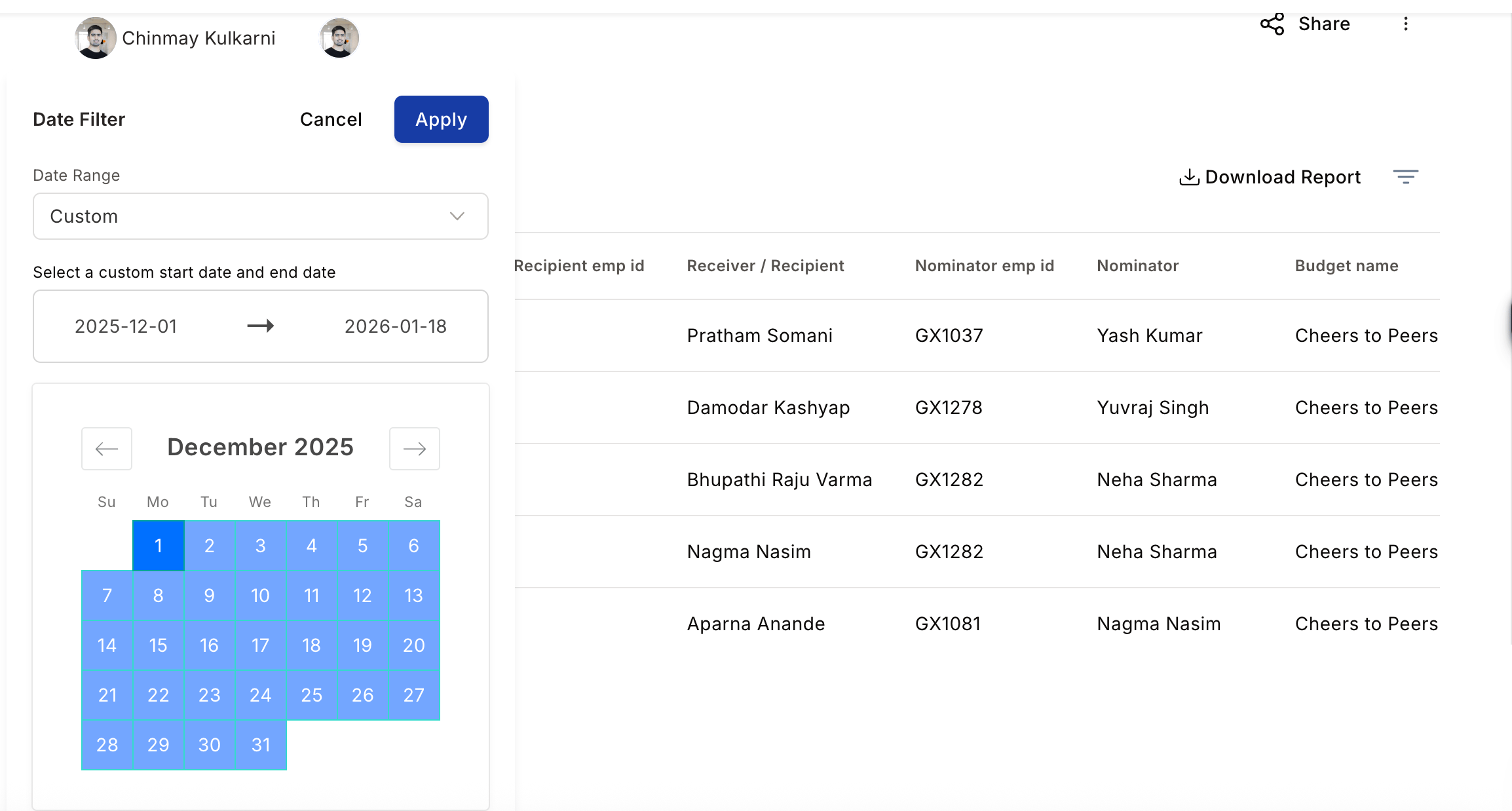 Custom report — expand with date range