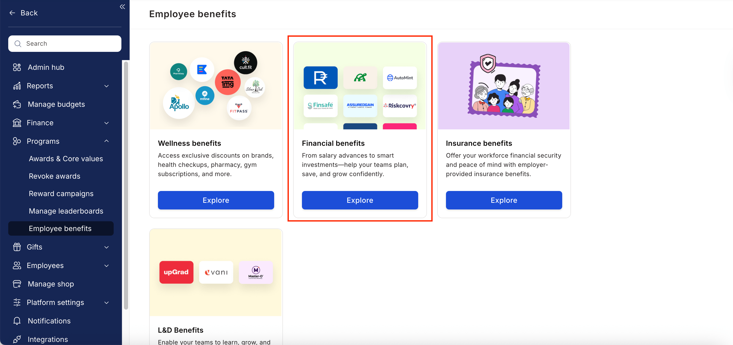 Financial Benefits section under Program Manage Benefits settings