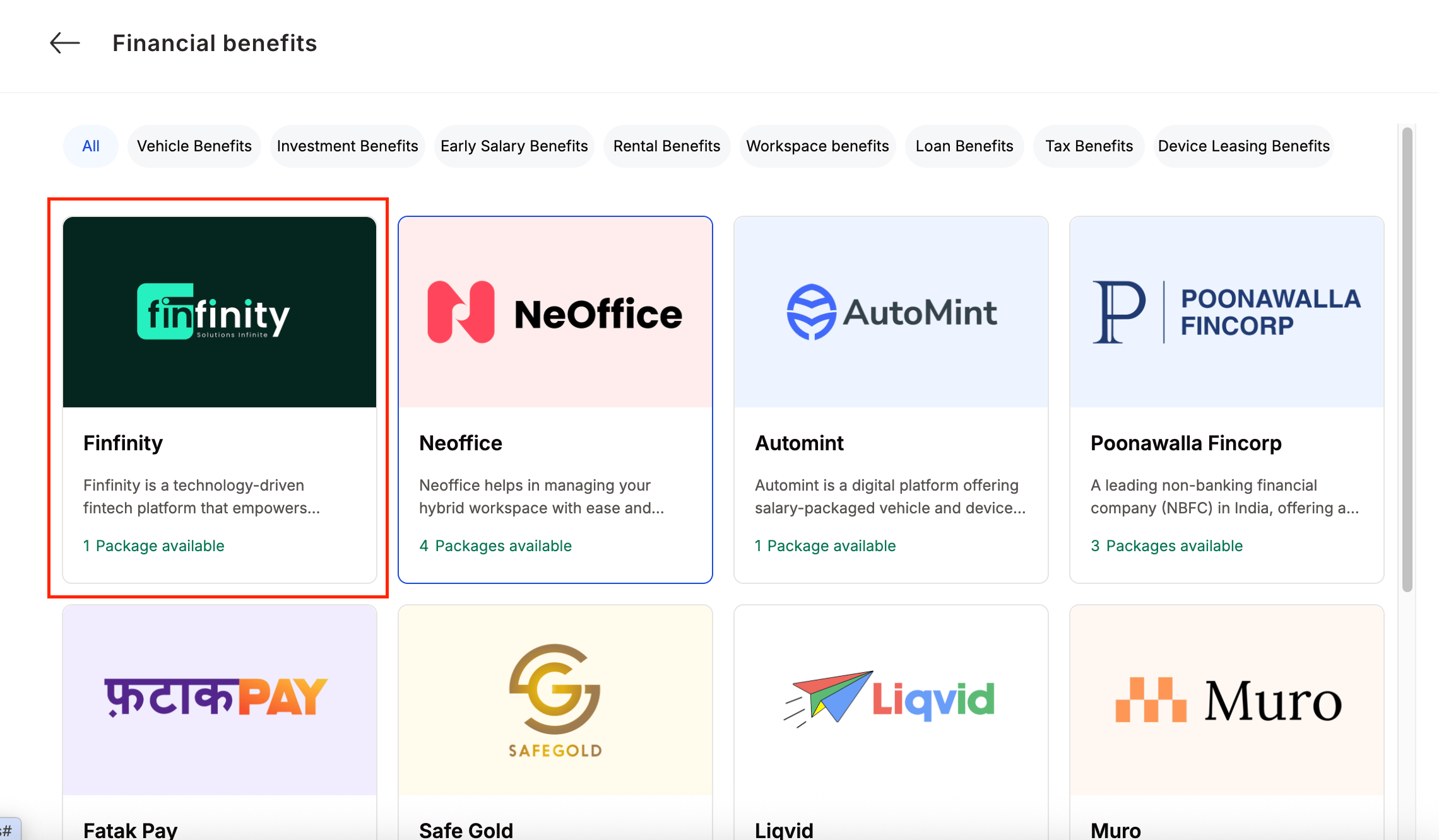 Finfinity tile in the financial benefits partner list on Empuls