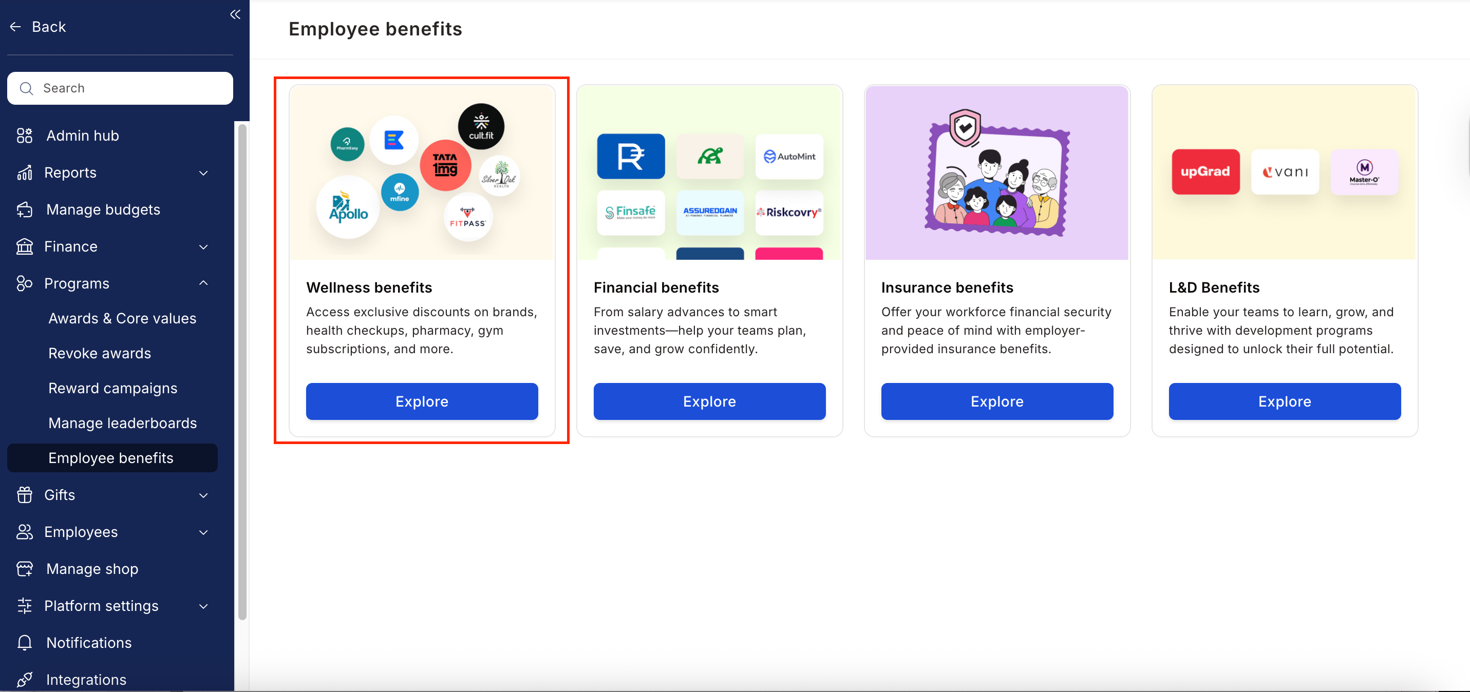 Empuls admin Wellness Benefits page under Program > Manage Benefits