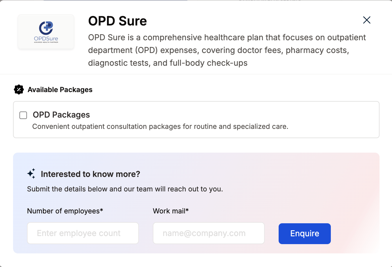 OPDSure enquiry form with employee count and contact fields