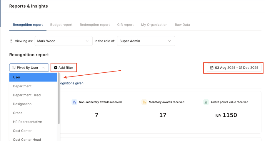 Recognitions received — pivot and date filter