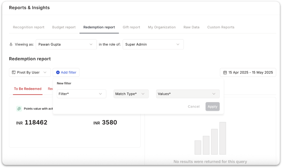 Redemption report — filter and pivot options