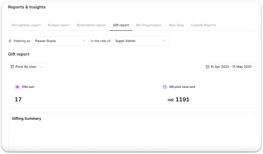 Gift report — filter options