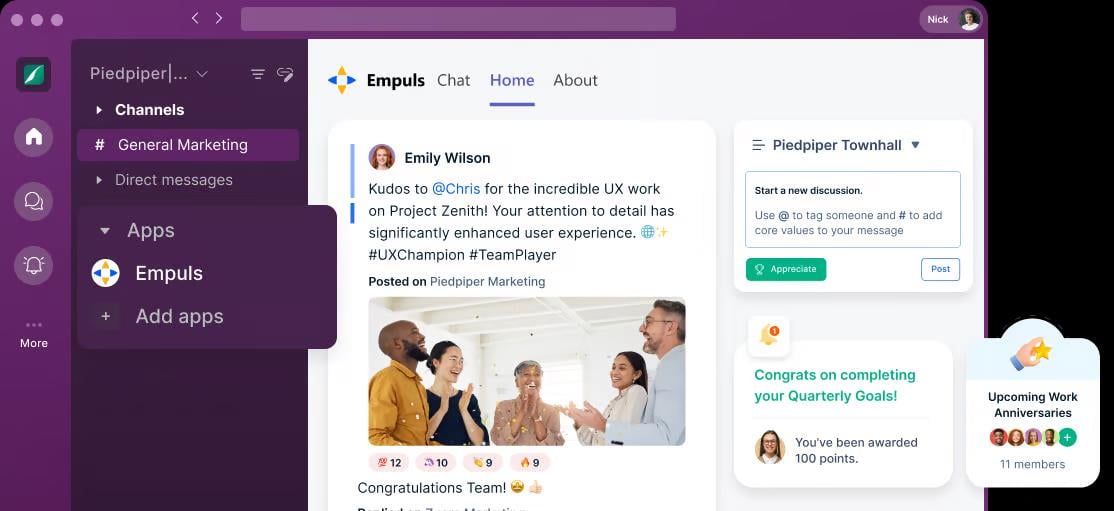 Empuls Home tab inside a Slack workspace