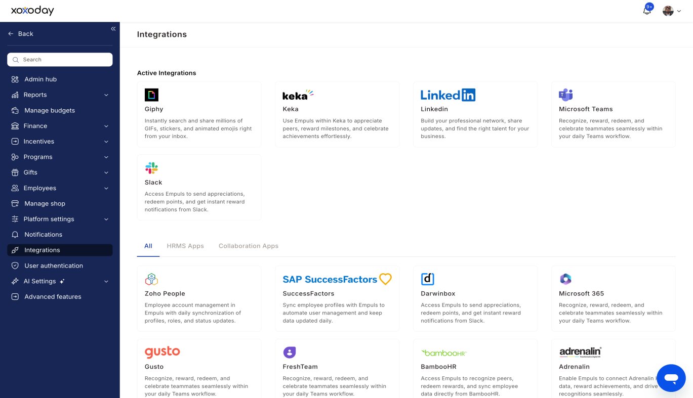 Integrations page in Empuls with the Slack app highlighted