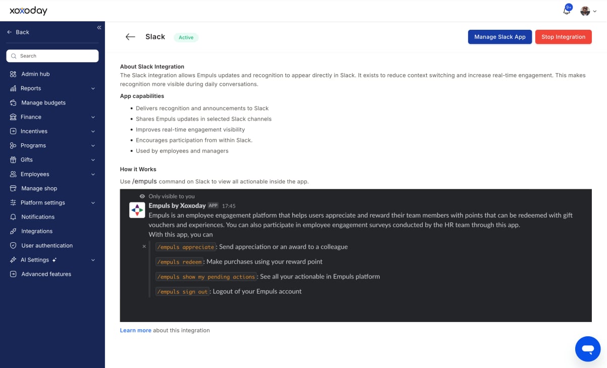 Slack integration page in Empuls showing capabilities and slash commands
