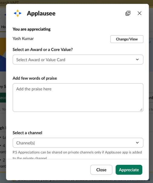 Selecting an award or core value and adding a message
