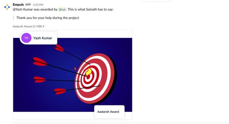 Recognition posted in a Slack channel