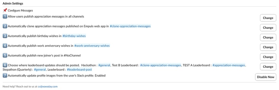 Admin settings — configure messages