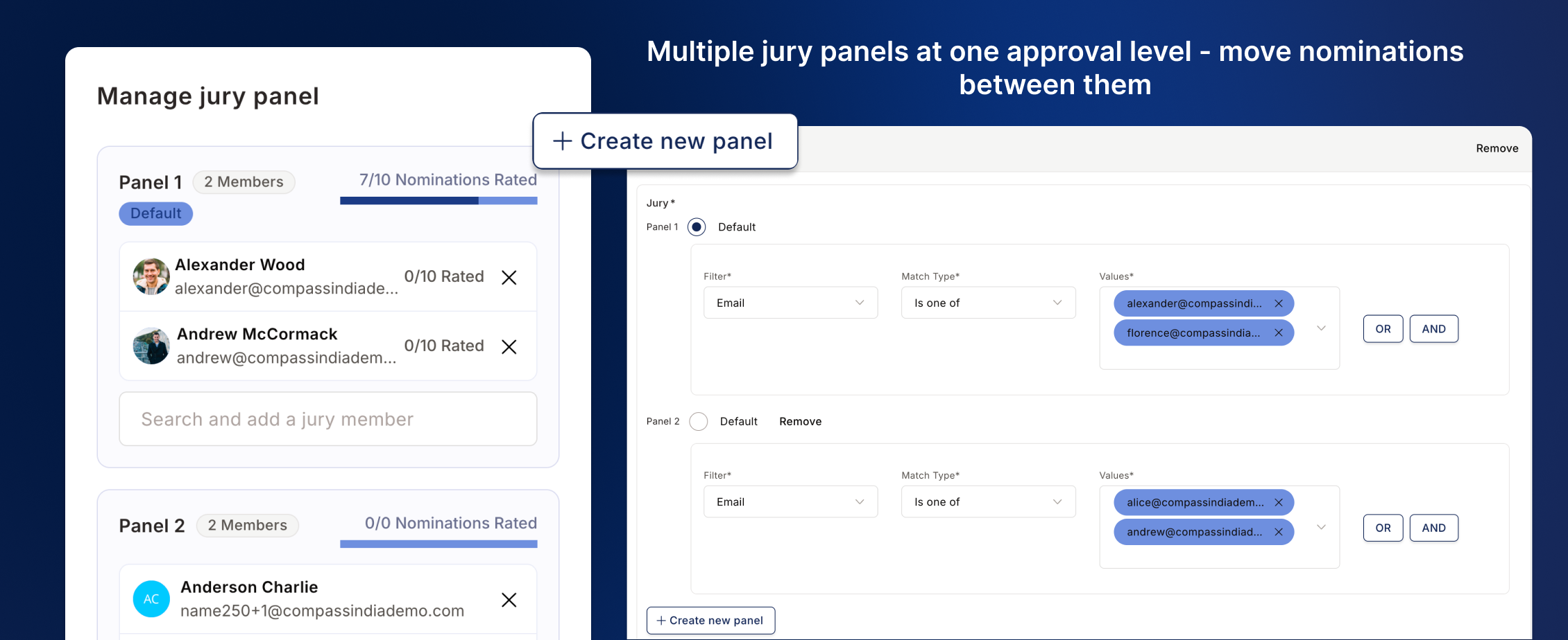 Jury panel management showing several panels at one approval level with rating progress