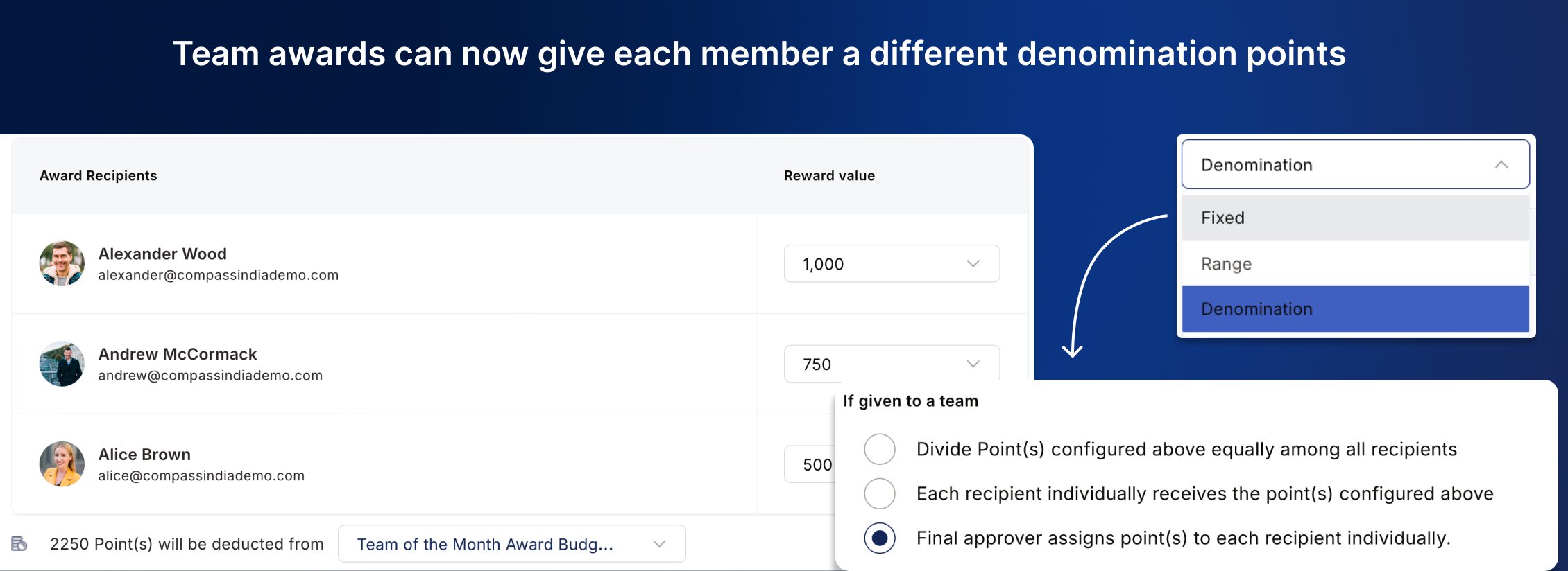 Final approval screen assigning a different denomination to each member of a team nomination