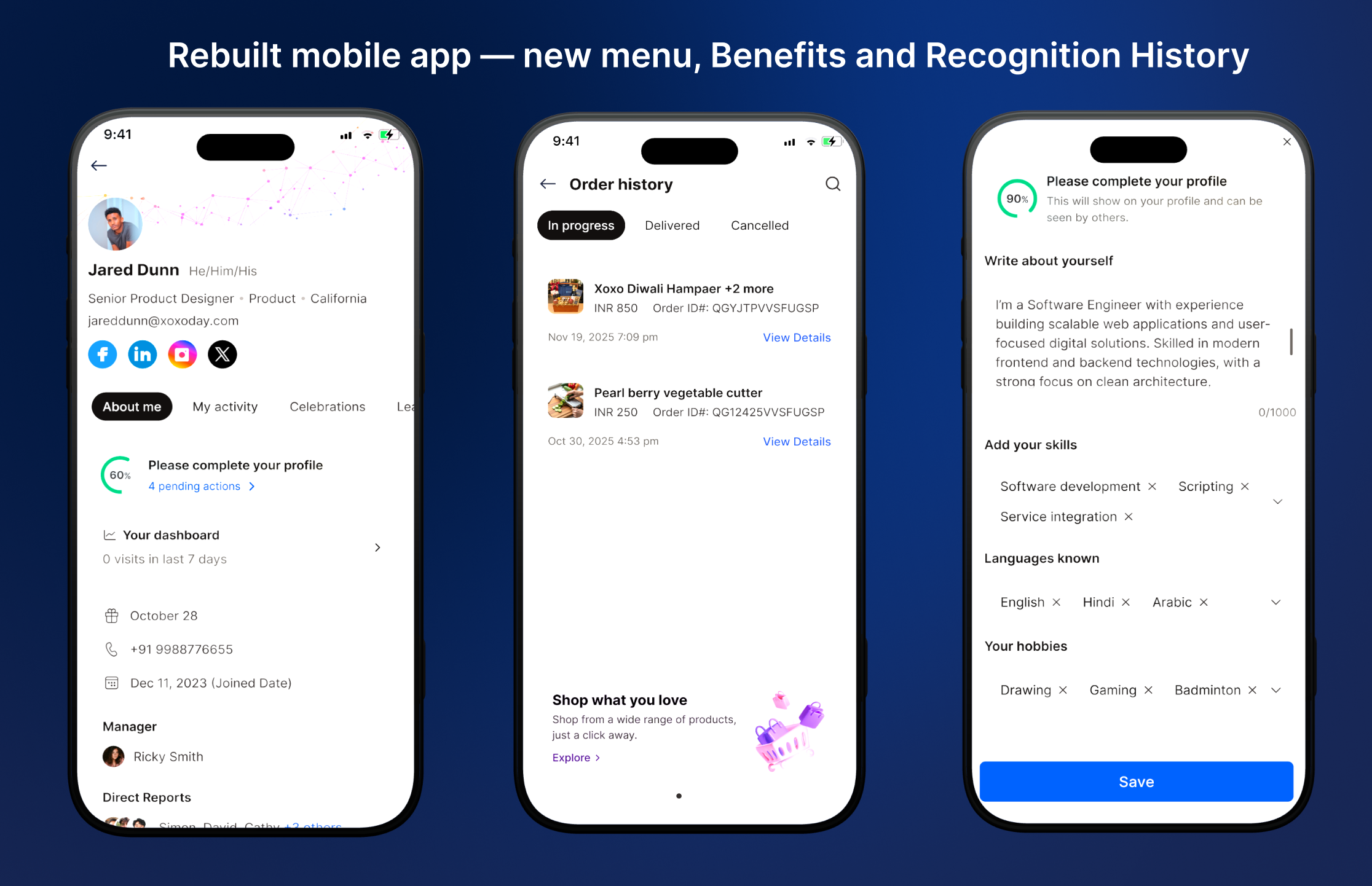 Redesigned Empuls mobile app menu with Profile, Social, Recognition, Benefits and Account