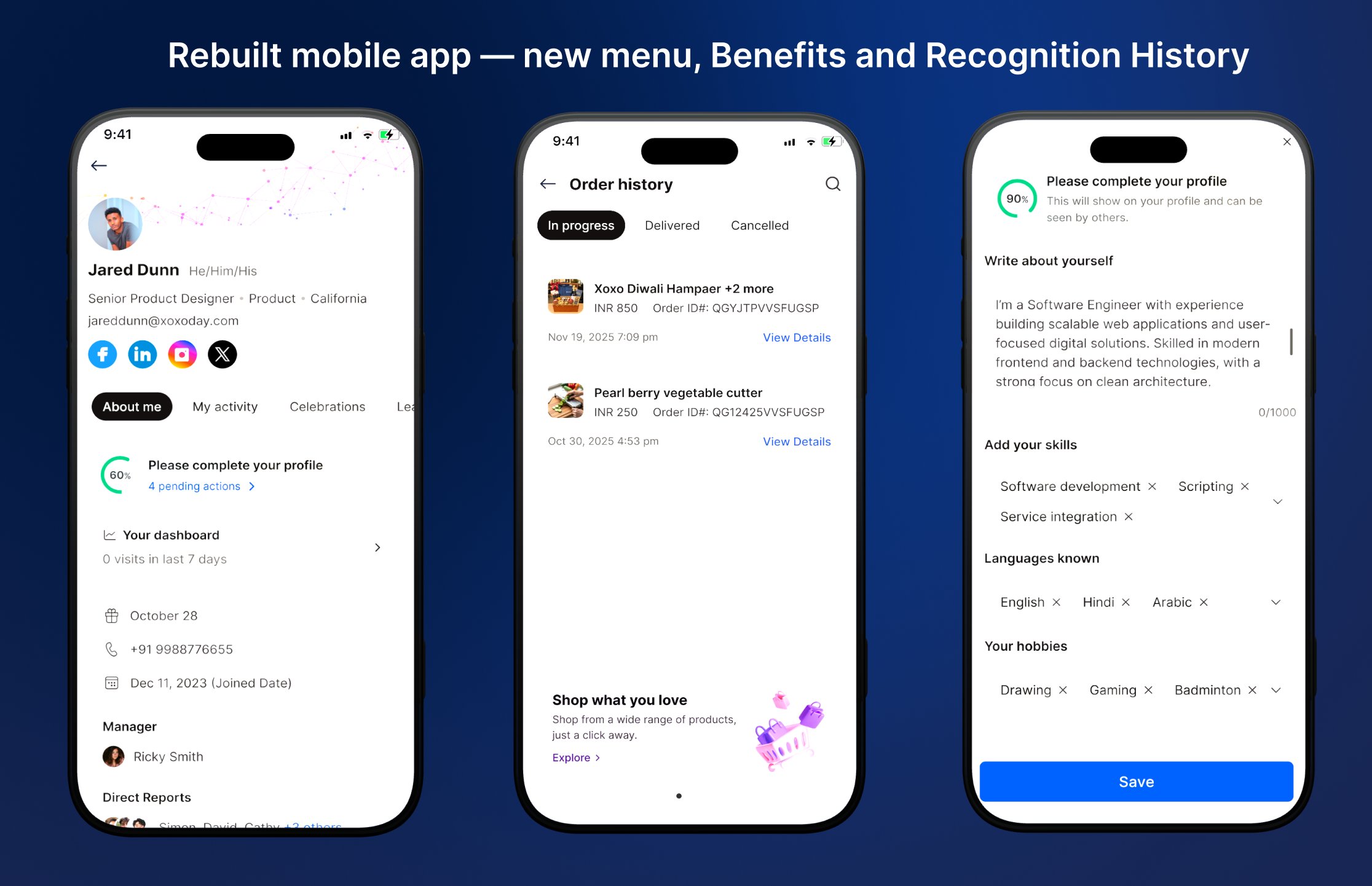 Redesigned Empuls mobile app menu with Profile, Social, Recognition, Benefits and Account