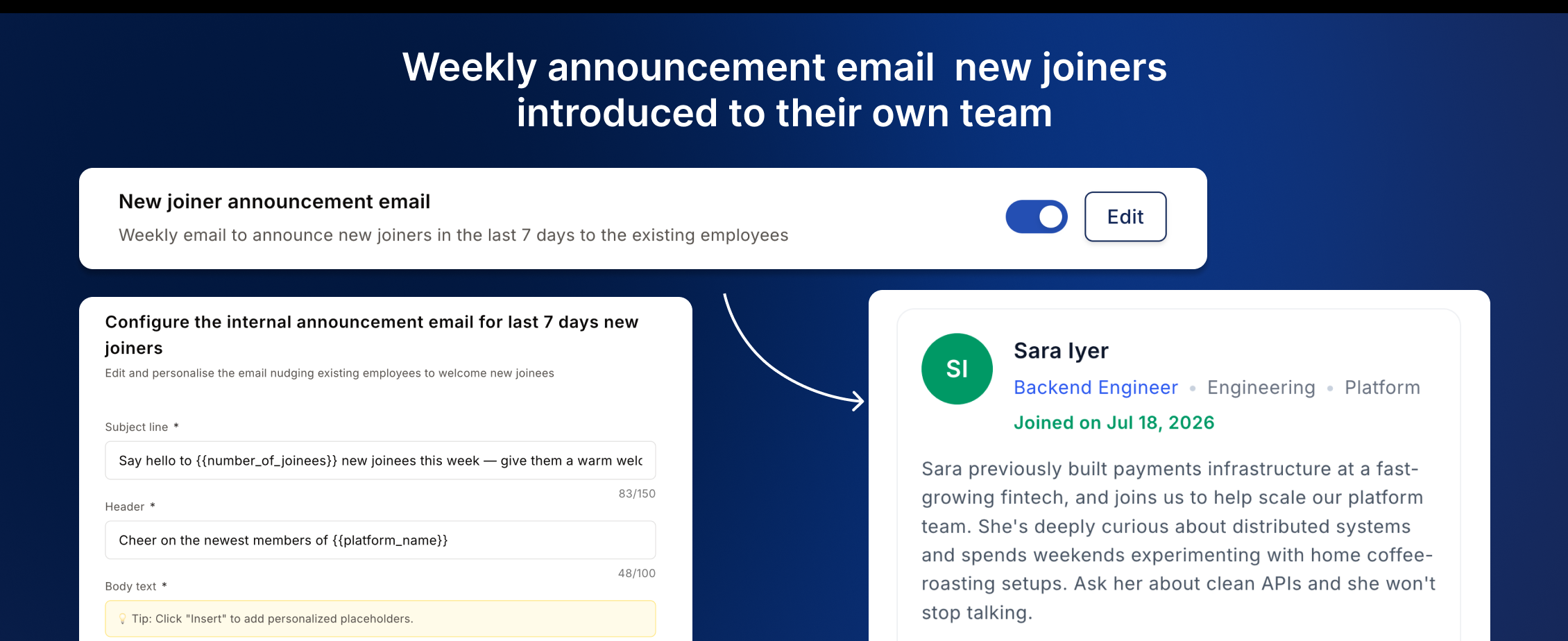 Weekly new joiner announcement email configuration with tone presets