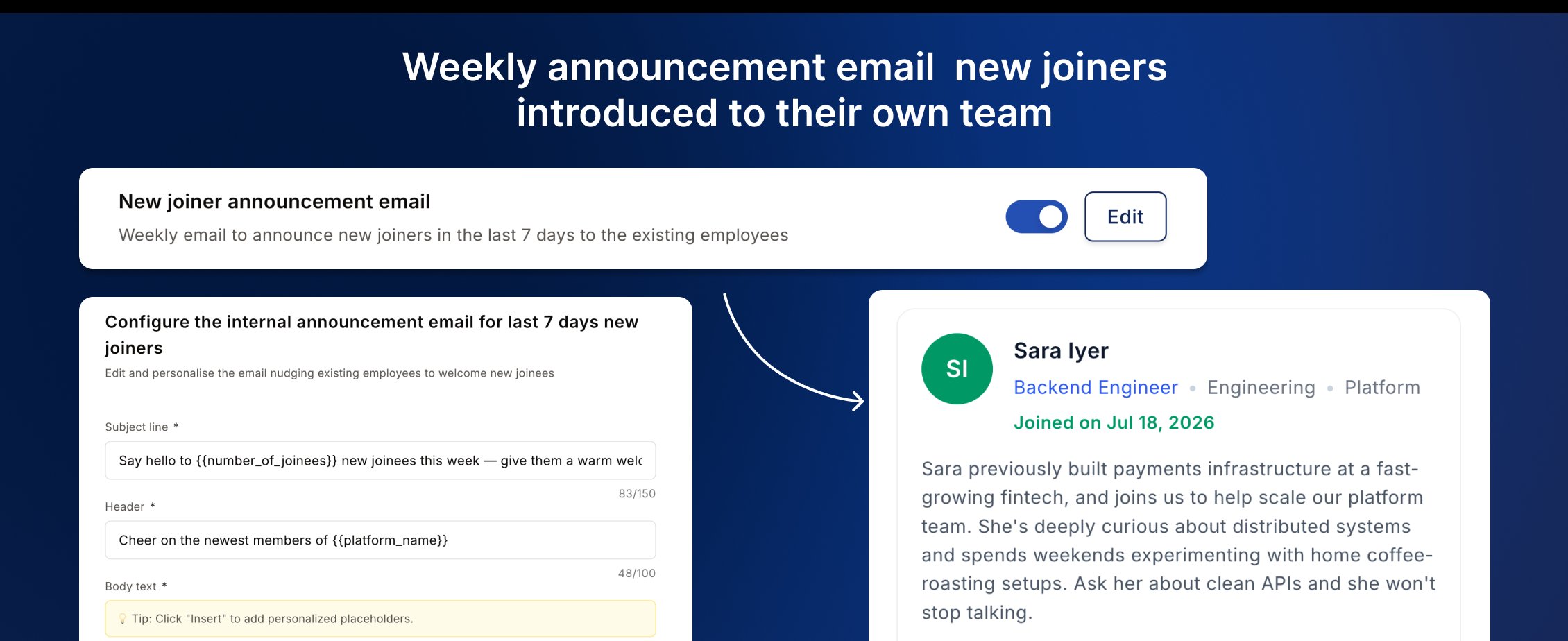 Weekly new joiner announcement email configuration with tone presets