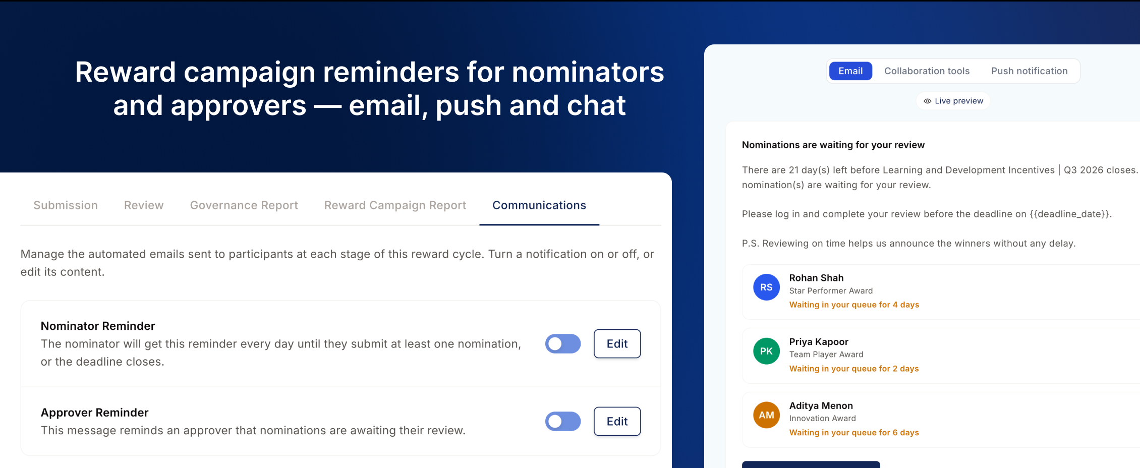 Reward campaign Communications tab configuring automated reminders