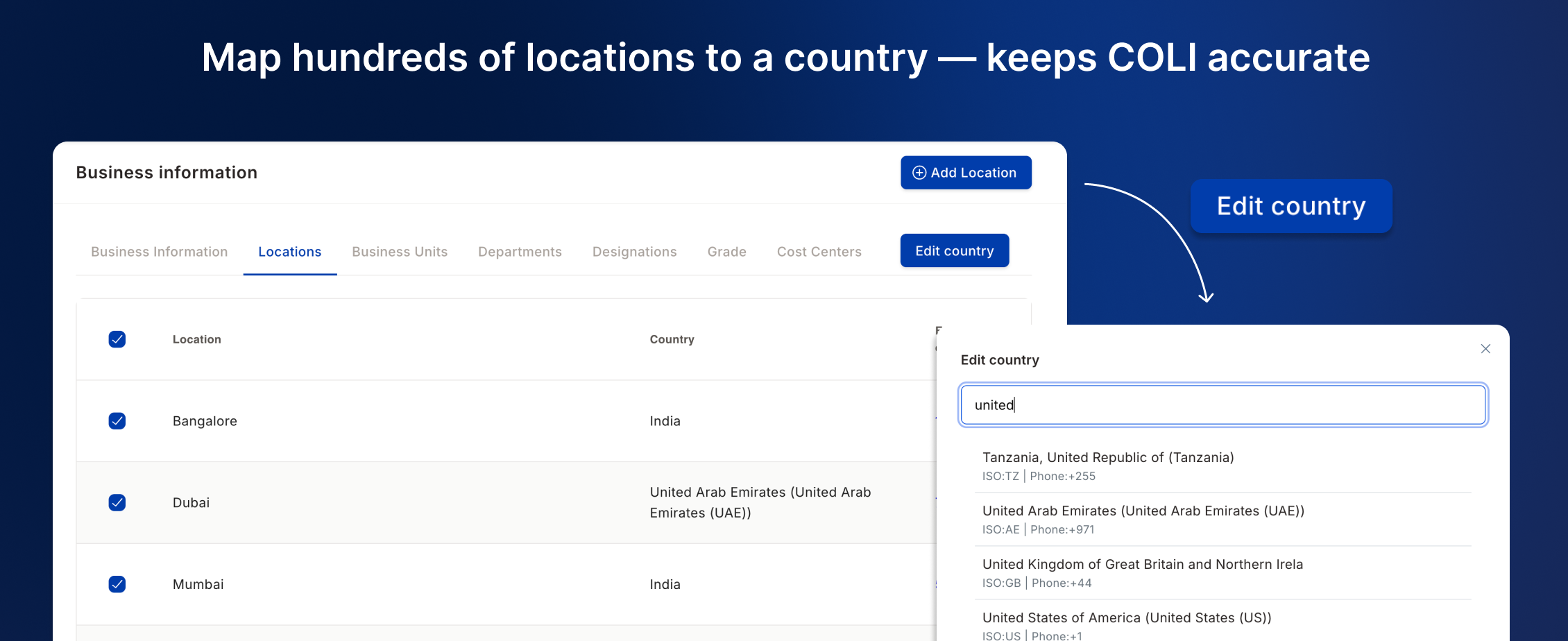Locations tab with multiple locations selected and the Edit country dialog open
