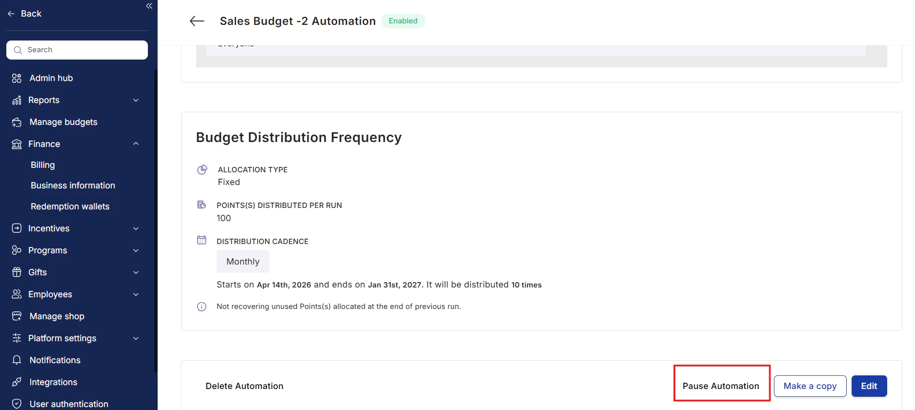 Pause or reactivate a budget