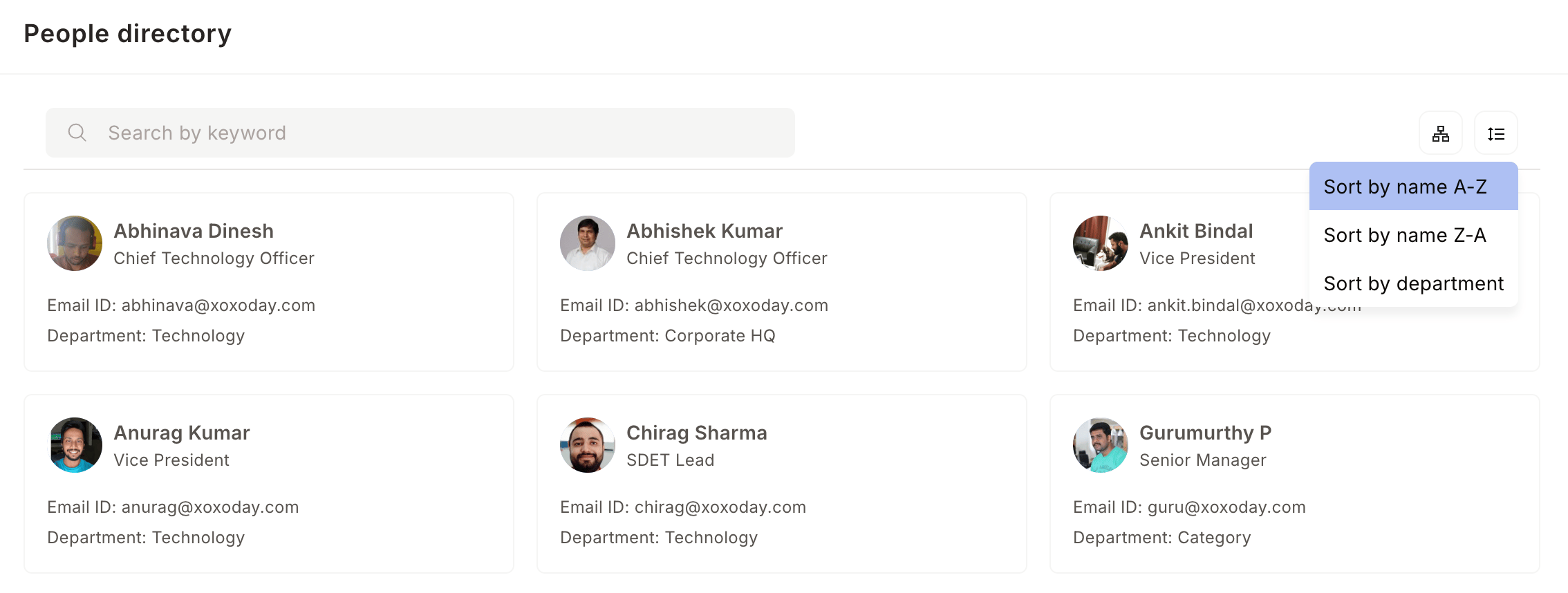 Filter options to sort employees by name or department