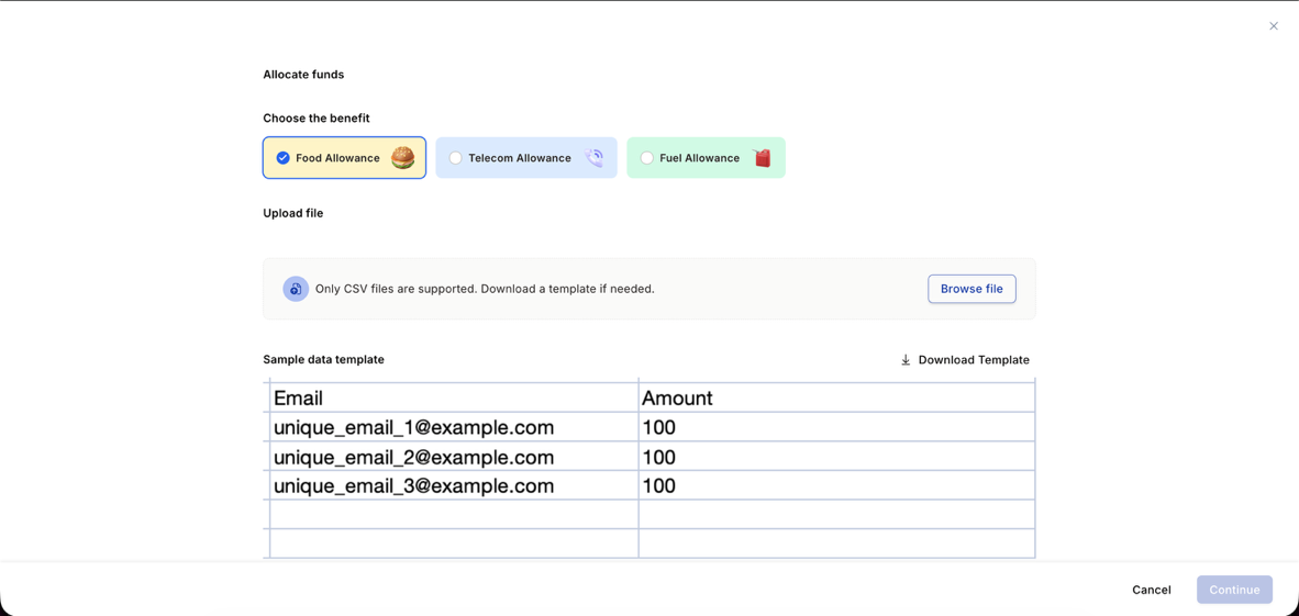 Allocate funds dialog with benefit wallet options and CSV upload area