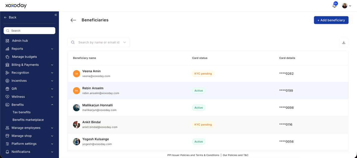 Beneficiaries page listing employees with KYC pending or Active card status