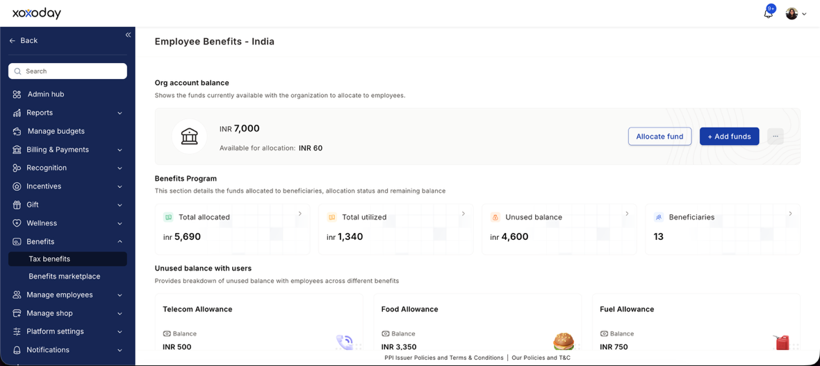 Tax benefits dashboard with org balance, Allocate fund and Add funds buttons