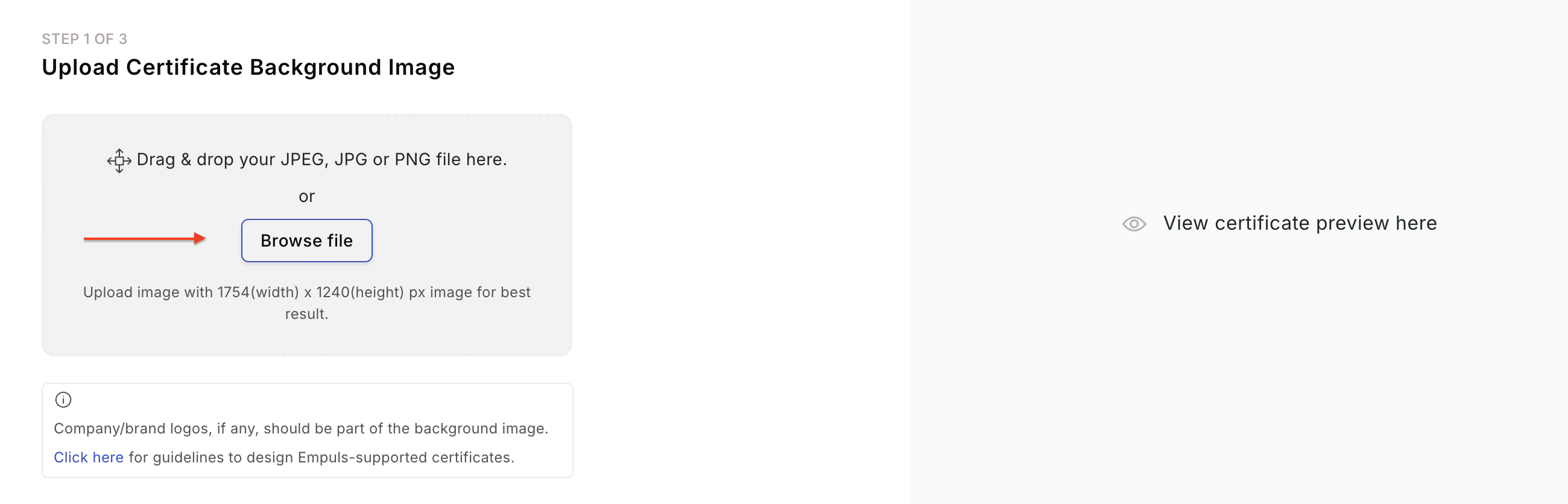 Upload certificate image dialog with file selection and upload options
