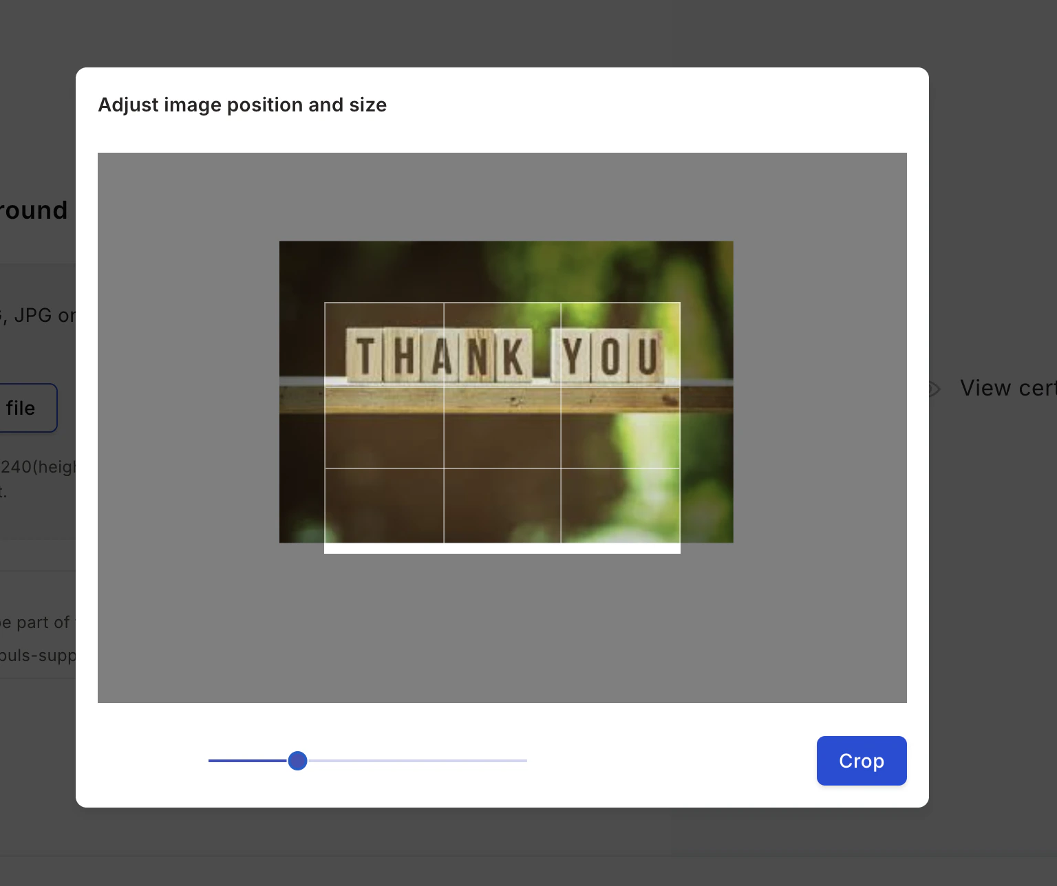 Crop image tool for adjusting the position and size of the uploaded certificate image