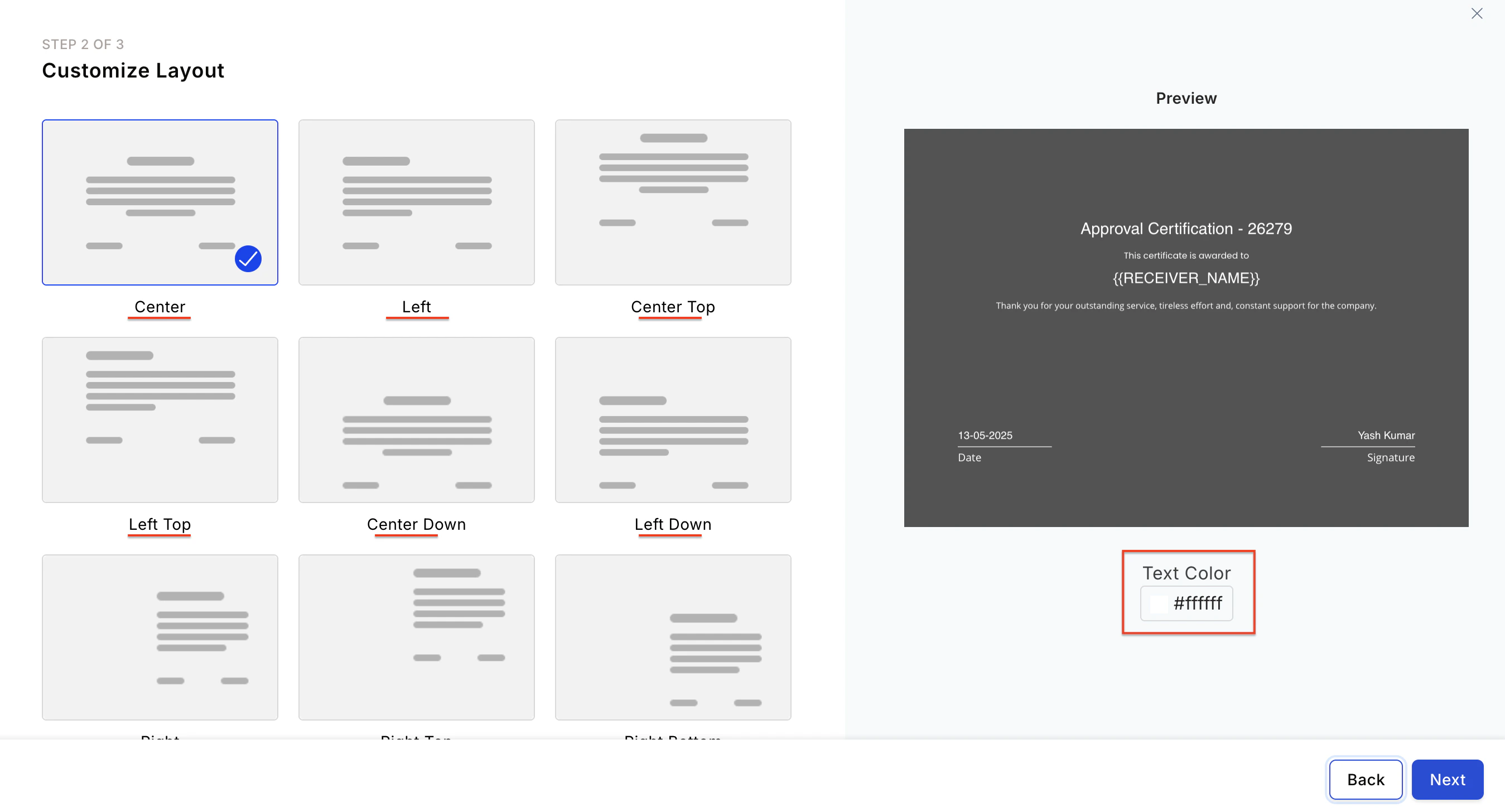 Certificate layout and text colour selection screen