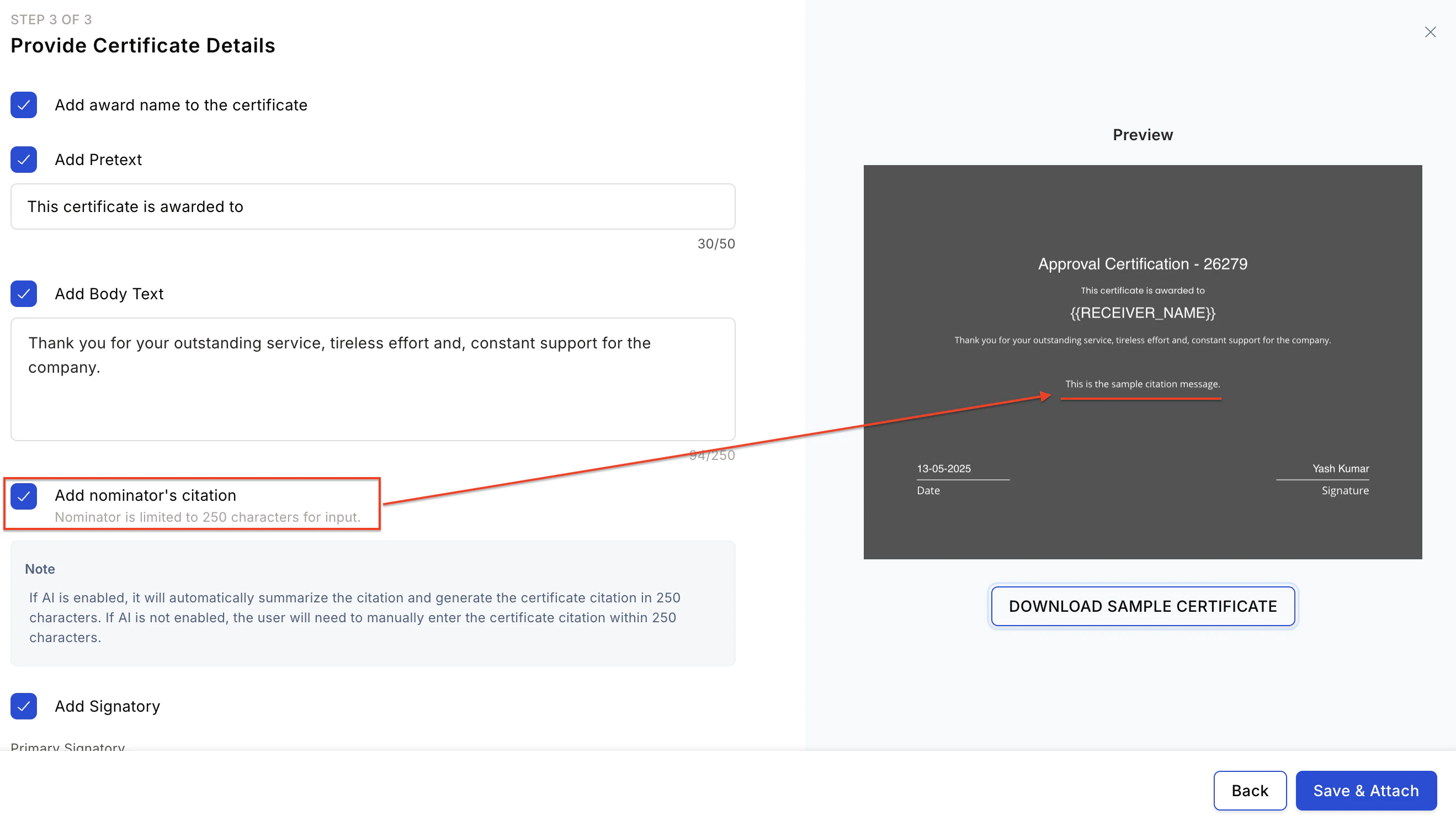Certificate details configuration form with award name, pretext, body text, and signatory fields