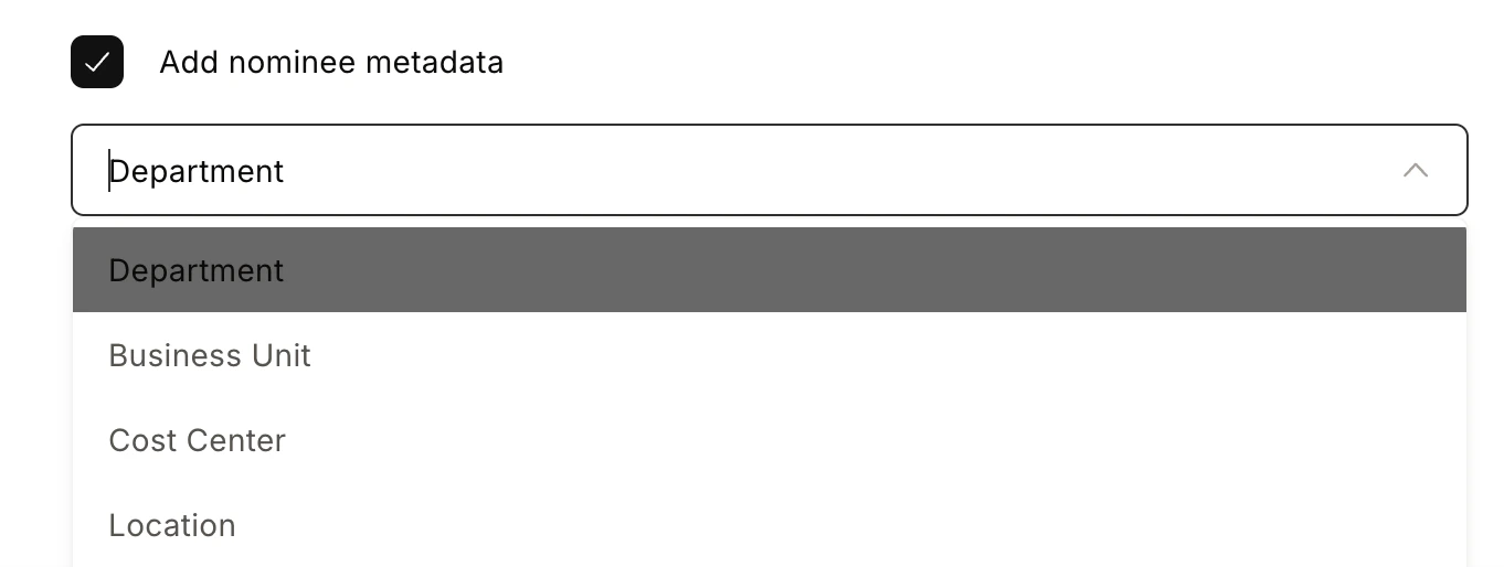 Date options and nominee metadata configuration with dropdown field selectors