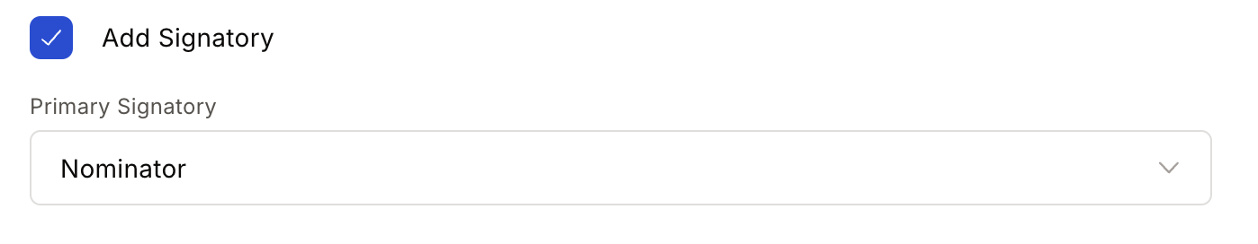 Primary Signatory dropdown with Nominator name option selected