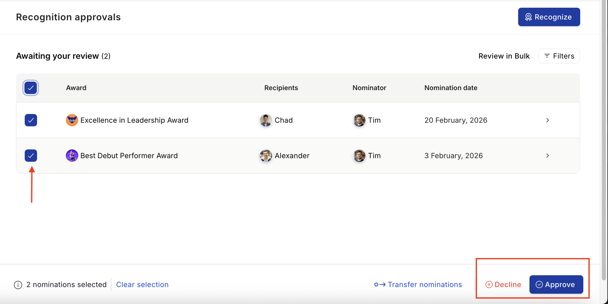 Bulk nomination review screen with checkboxes selected and Approve/Decline action controls