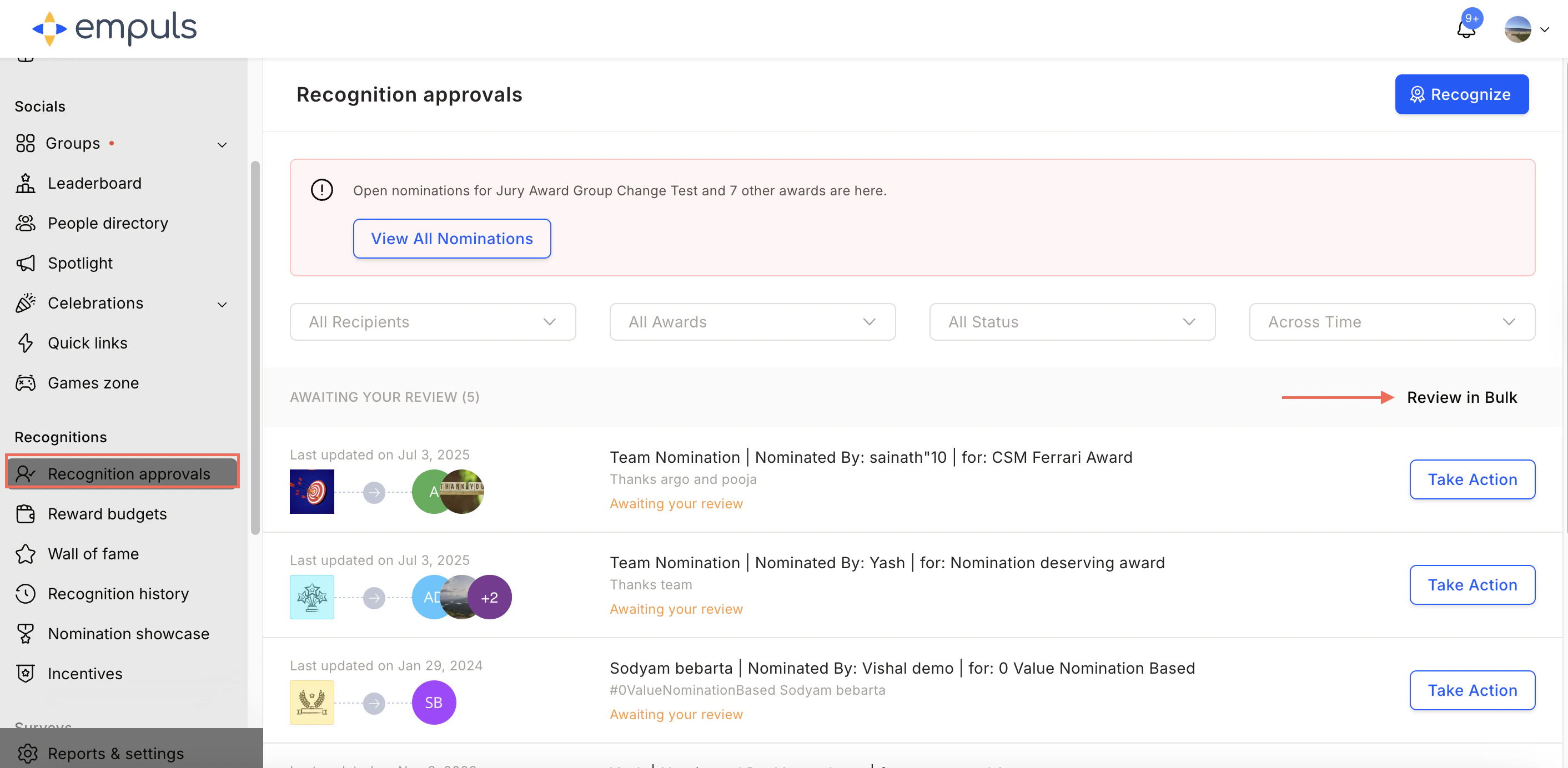 Recognition Approvals page with Review Nominations in Bulk button highlighted