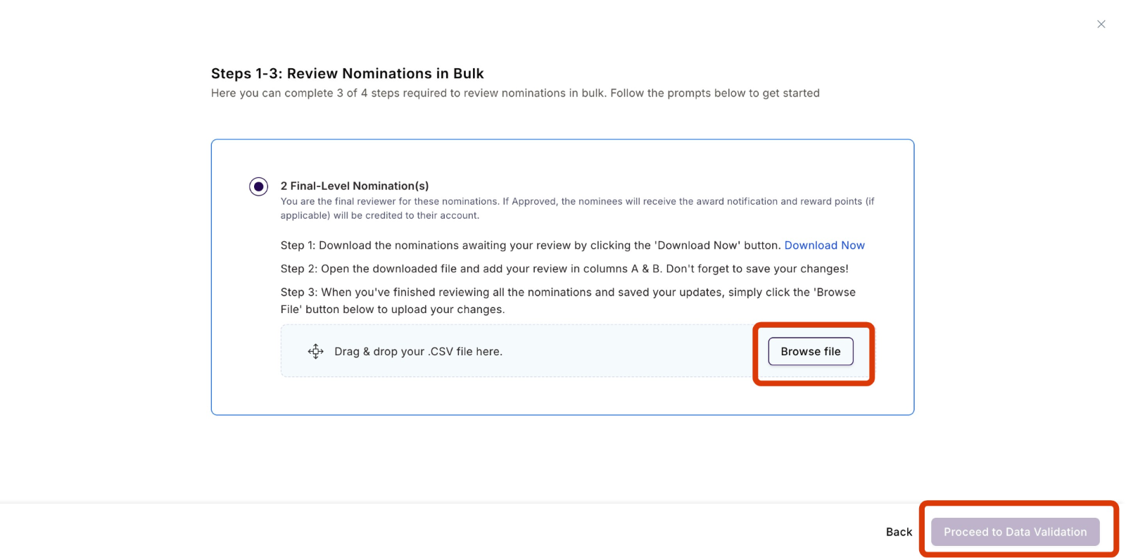 Browse File button for uploading the completed CSV file
