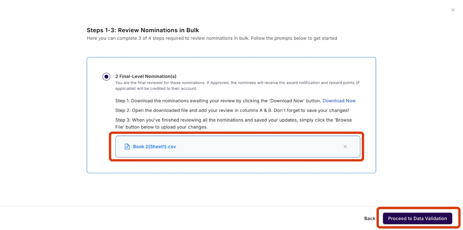 Proceed to Data Validation button after uploading the CSV file