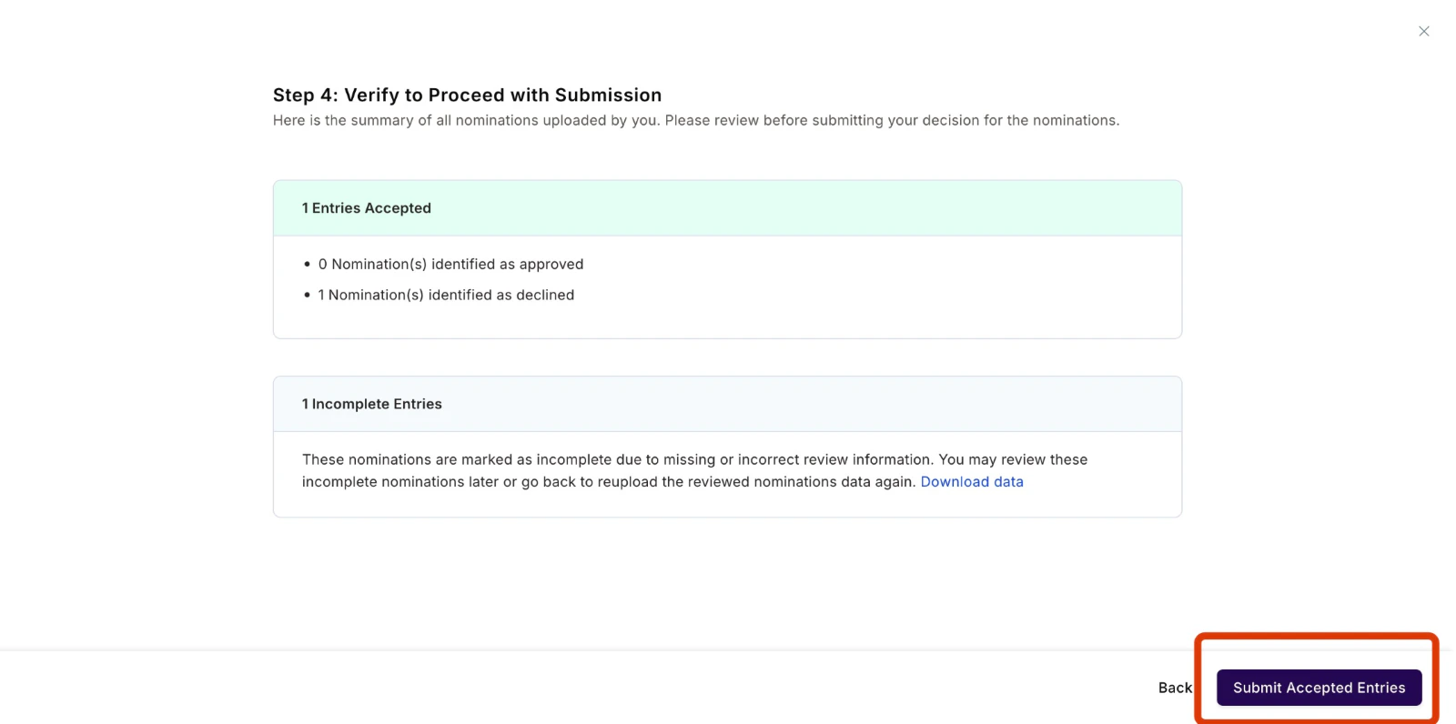 Submission summary showing count of approved and declined nominations with Submit Accepted Entries button