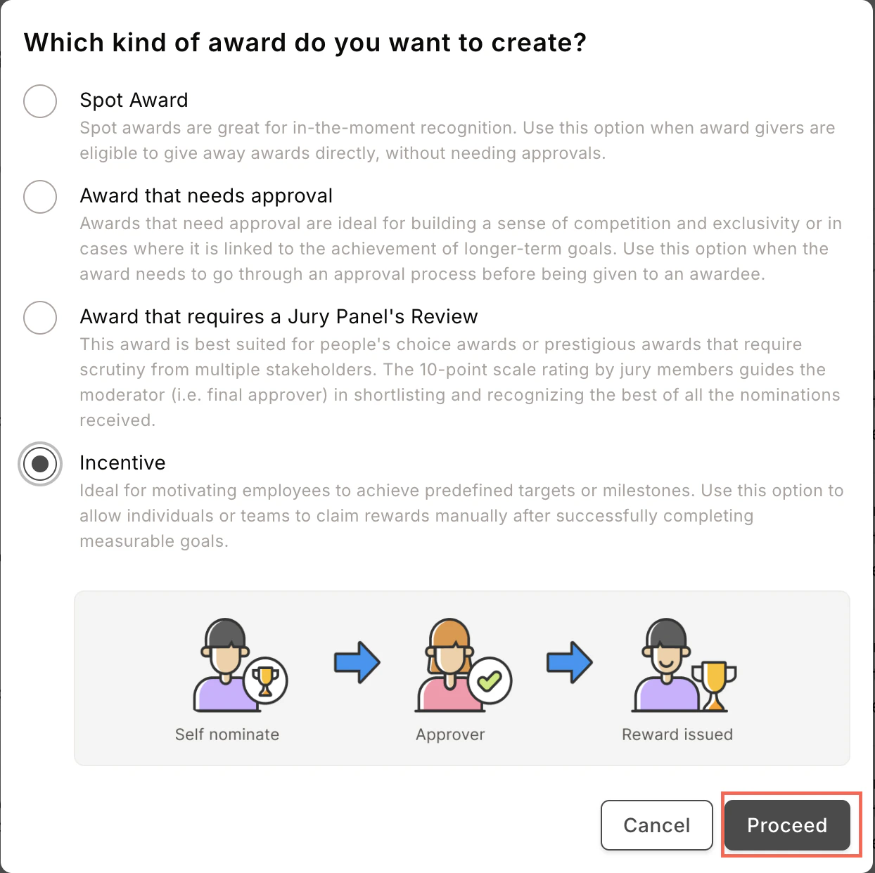 Award type selection screen with Incentive option highlighted