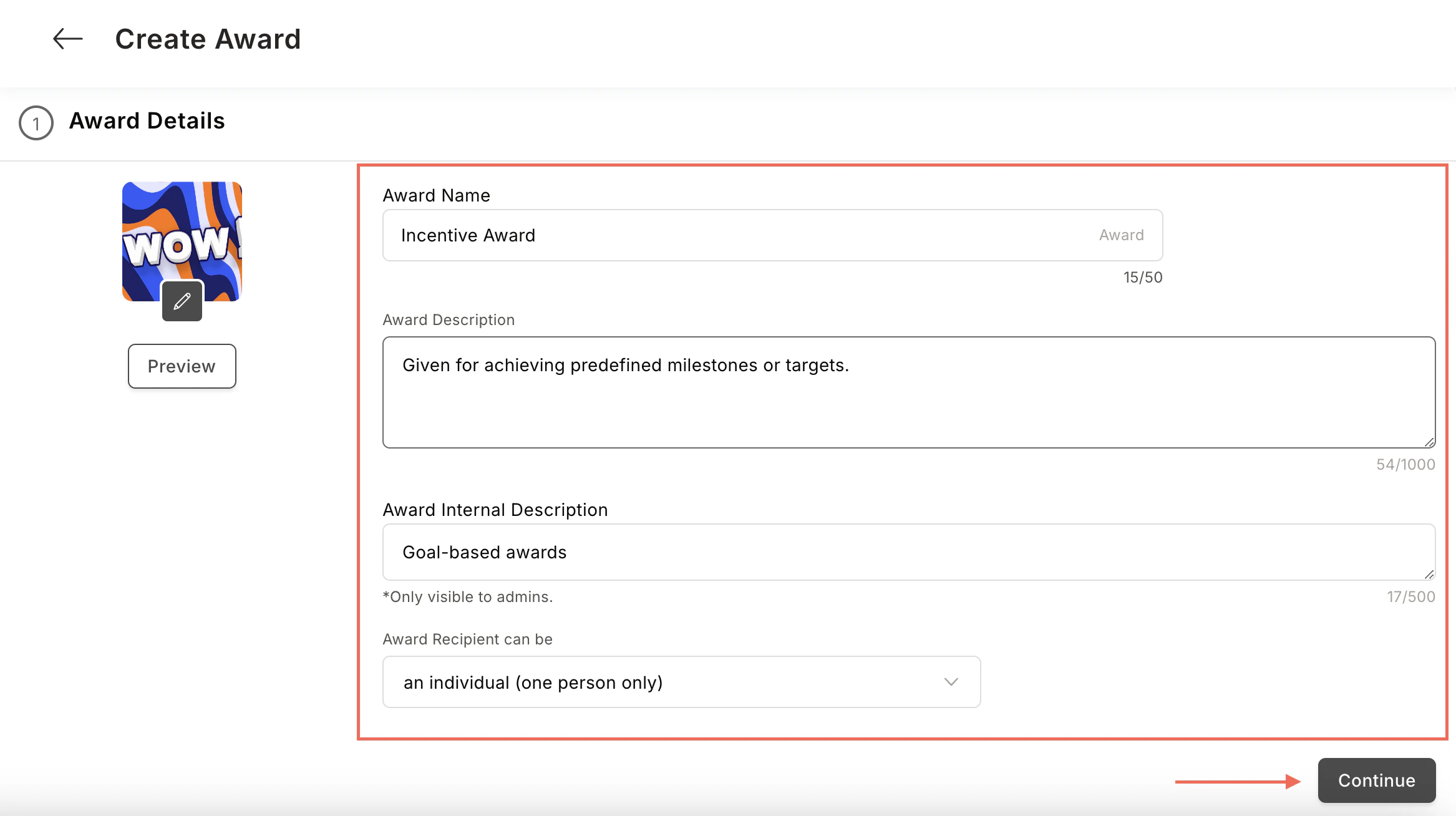 Award details form with fields for name, description, image, and recipient type