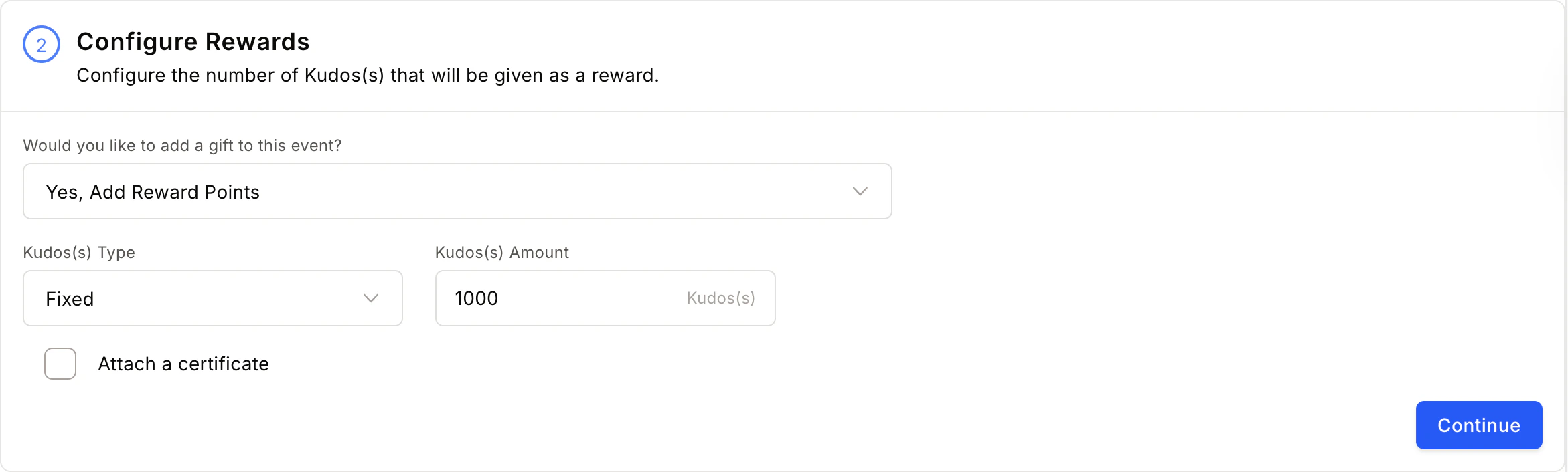 Reward configuration screen for incentive award with points and merchandise options