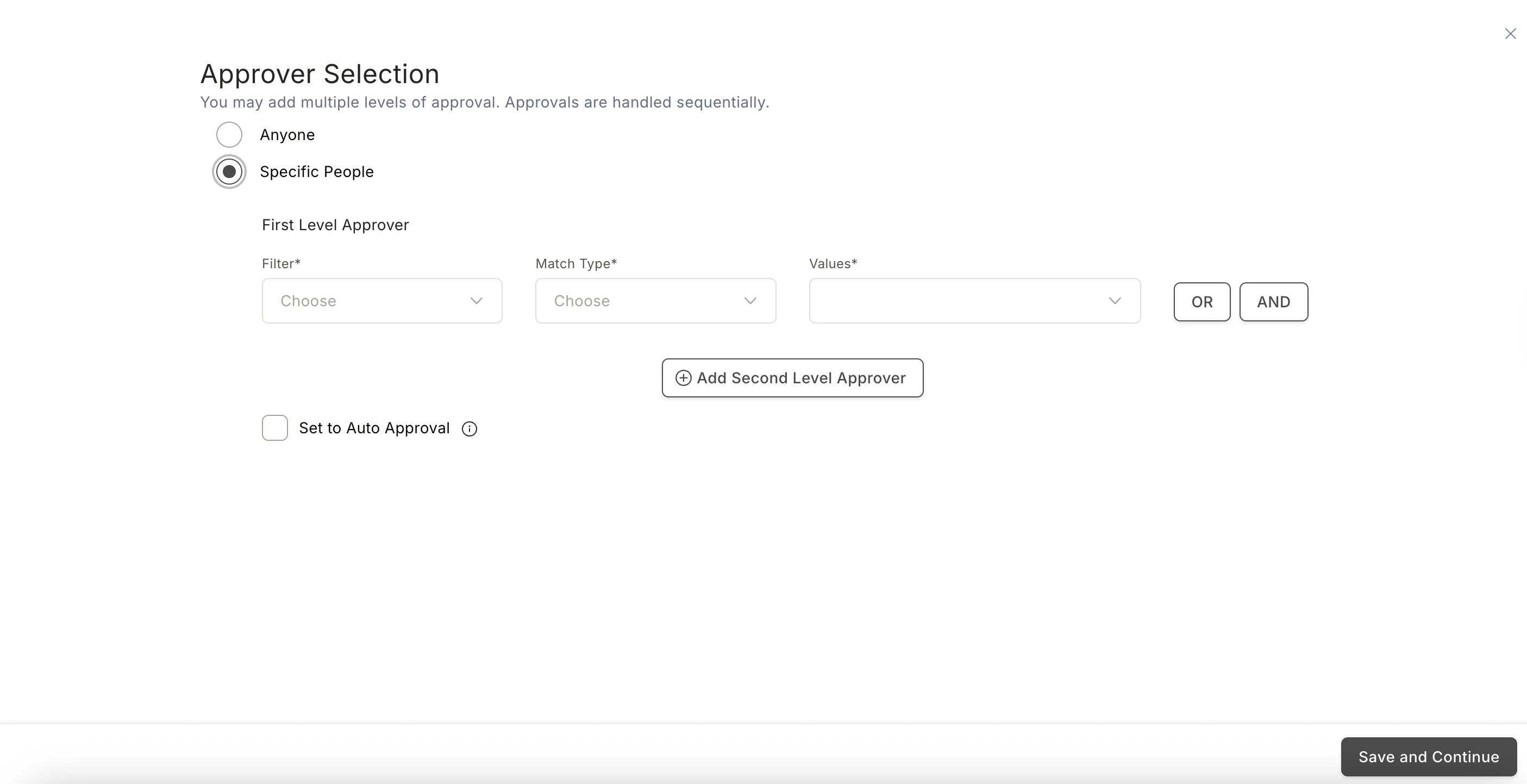 Approver Selection screen with First Level Approver and advanced filter options