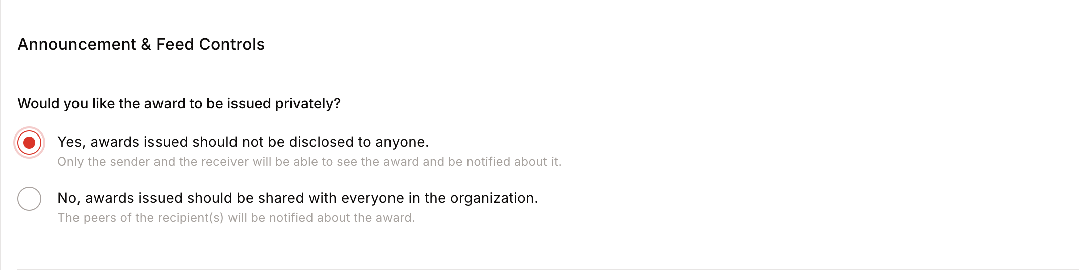 Award Visibility set to private — only sender and receiver are notified